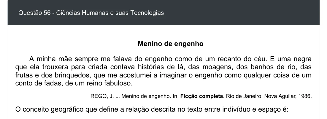 Enunciado visual completo da questão 56 do ENEM 2020 - 1º Dia - Caderno 4 – Rosa – Espanhol – Aplicação digital, página 64.