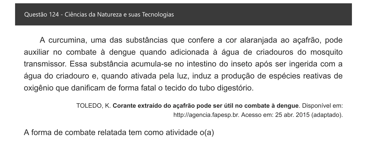 Enunciado visual completo da questão 124 do ENEM 2021 - 2º Dia – Caderno 8 – Rosa – Aplicação digital, página 41.