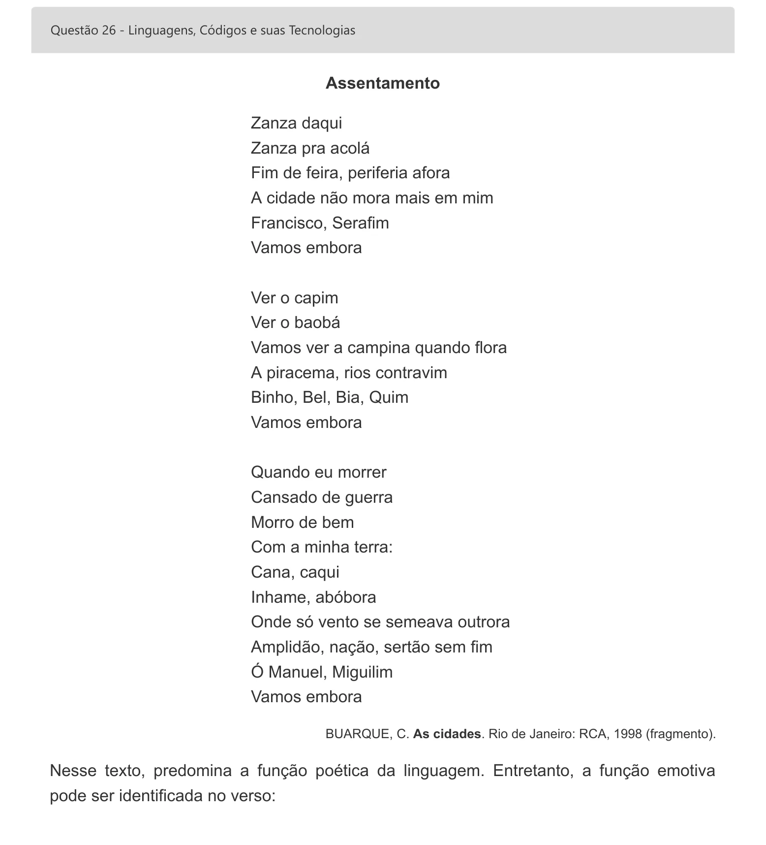 Enunciado visual completo da questão 26 do ENEM 2022 - 1º Dia – Caderno 1 – Azul – Espanhol – Aplicação digital, página 35.