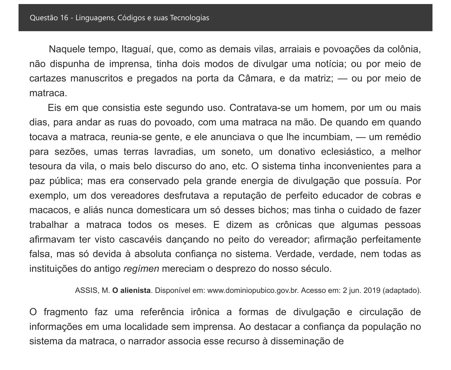 Enunciado visual completo da questão 16 do ENEM 2021 - 1º Dia – Caderno 3 – Branco – Espanhol – Aplicação digital, página 21.
