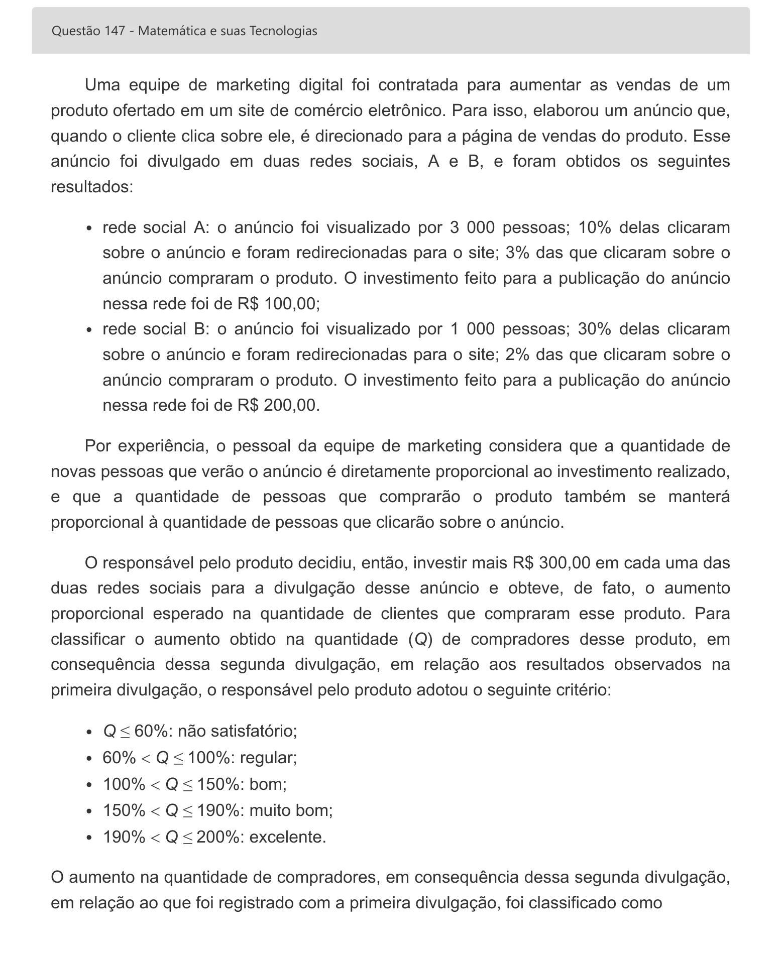 Enunciado visual completo da questão 147 do ENEM 2022 - 2º Dia – Caderno 7 – Azul – Aplicação digital, página 66.