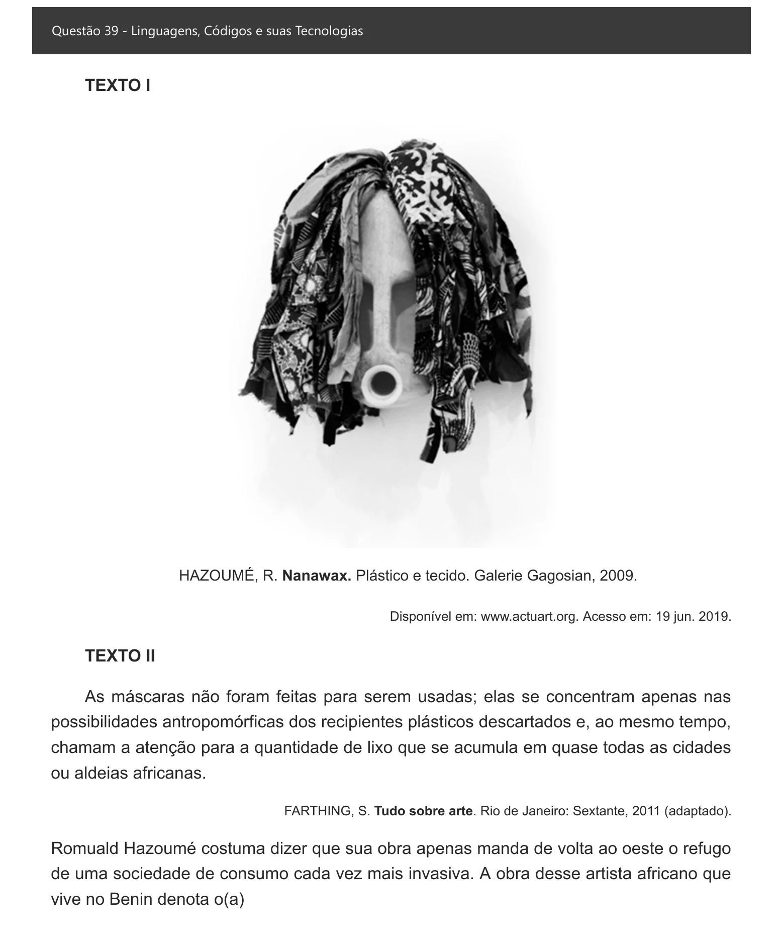 Enunciado visual completo da questão 39 do ENEM 2021 - 1º Dia – Caderno 3 – Branco – Espanhol – Aplicação digital, página 44.