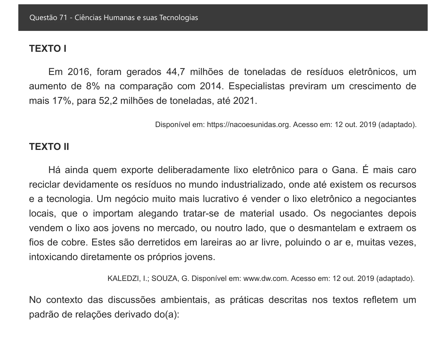 Enunciado visual completo da questão 71 do ENEM 2021 - 1º Dia – Caderno 3 – Branco – Inglês – Aplicação digital, página 79.