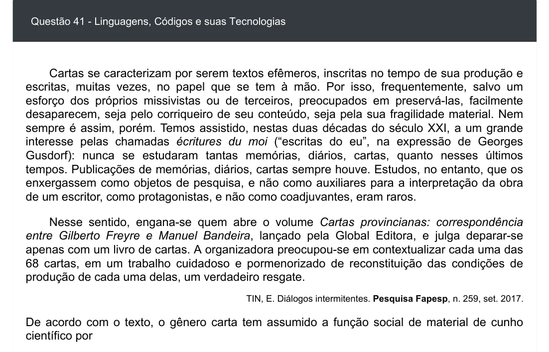 Enunciado visual completo da questão 41 do ENEM 2020 - 1º Dia - Caderno 3 – Branco – Inglês – Aplicação digital, página 46.
