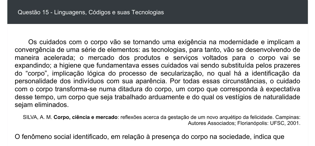 Enunciado visual completo da questão 15 do ENEM 2020 - 1º Dia - Caderno 4 – Rosa – Espanhol – Aplicação digital, página 19.
