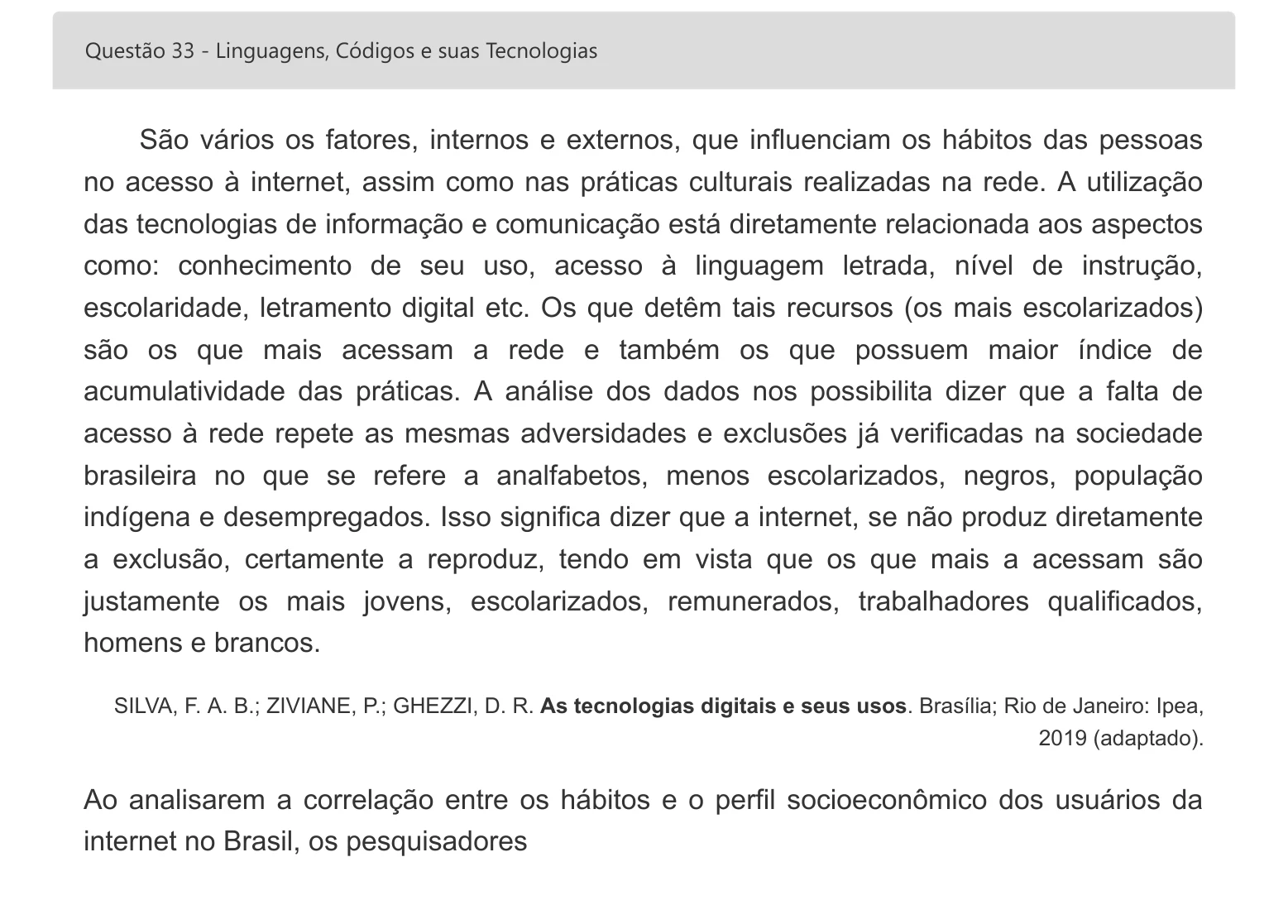 Enunciado visual completo da questão 33 do ENEM 2022 - 1º Dia – Caderno 2 – Amarelo – Inglês – Aplicação digital, página 43.