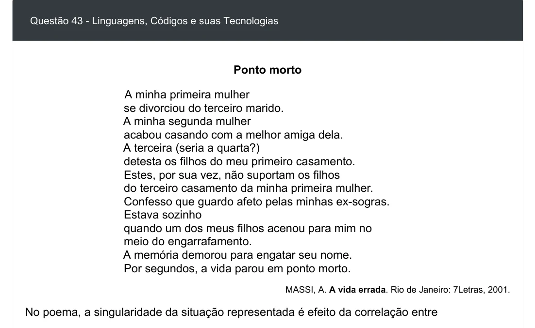 Enunciado visual completo da questão 43 do ENEM 2020 - 1º Dia - Caderno 3 – Branco – Inglês – Aplicação digital, página 48.