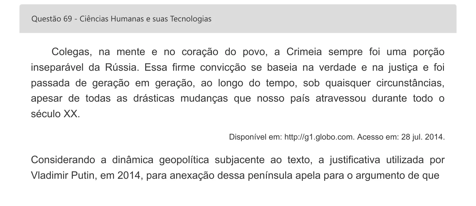 Enunciado visual completo da questão 69 do ENEM 2022 - 1º Dia – Caderno 1 – Azul – Espanhol – Aplicação digital, página 84.