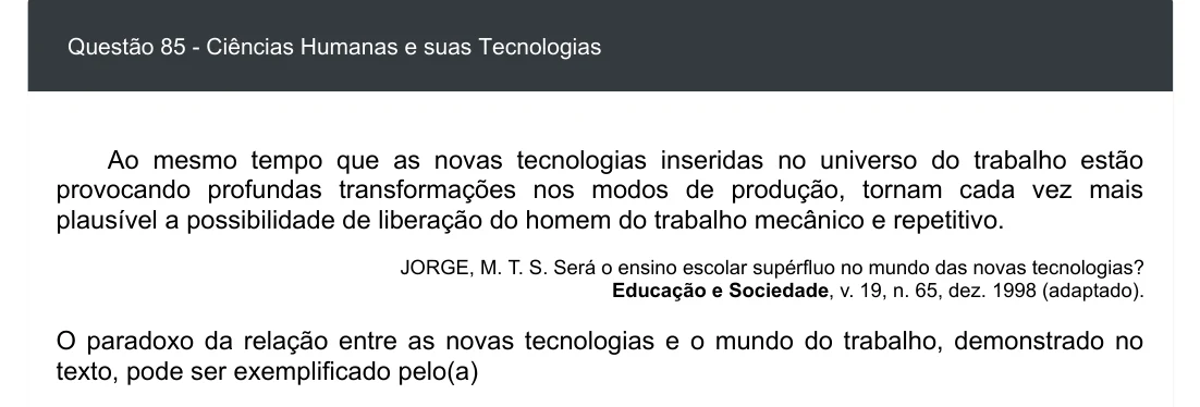 Enunciado visual completo da questão 85 do ENEM 2020 - 1º Dia - Caderno 3 – Branco – Inglês – Aplicação digital, página 93.
