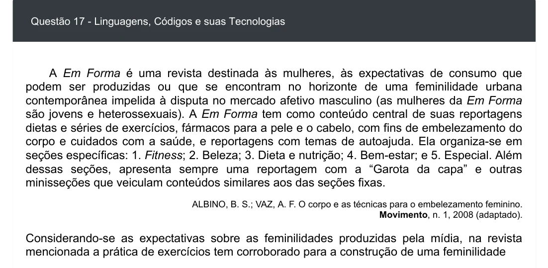 Enunciado visual completo da questão 17 do ENEM 2020 - 1º Dia - Caderno 4 – Rosa – Espanhol – Aplicação digital, página 21.