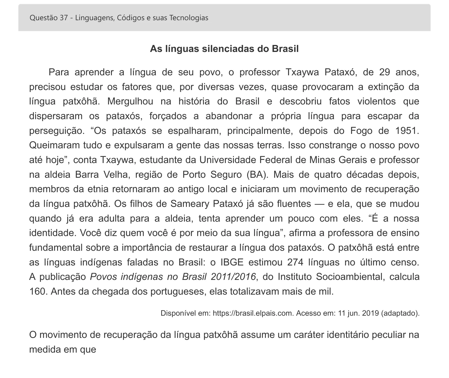Enunciado visual completo da questão 37 do ENEM 2022 - 1º Dia – Caderno 4 – Rosa – Inglês – Aplicação digital, página 47.