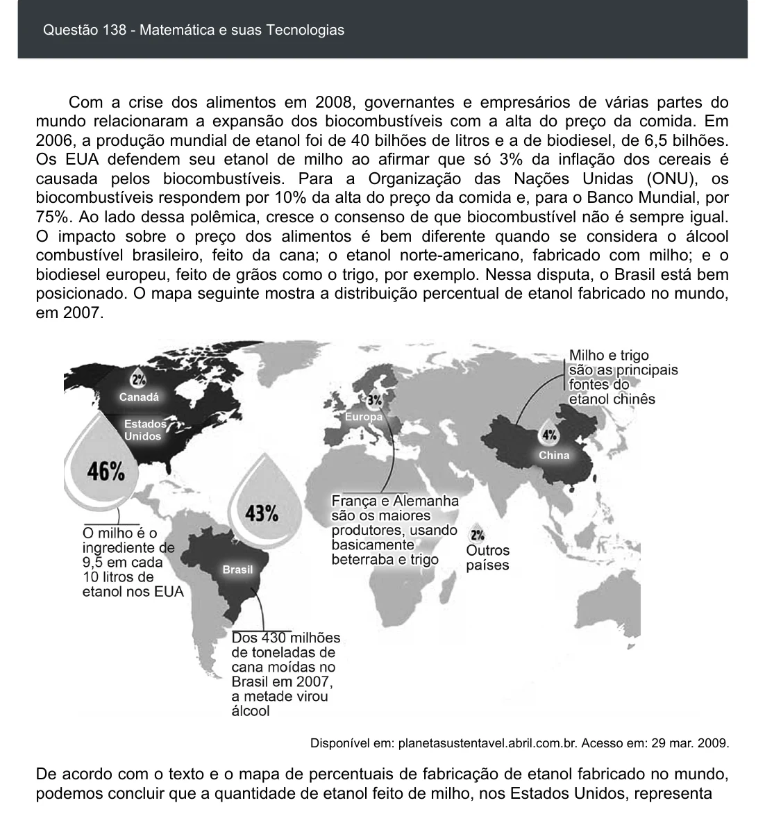 Enunciado visual completo da questão 138 do ENEM 2020 - 2º Dia - Caderno 7 – Azul – Aplicação digital, página 53.