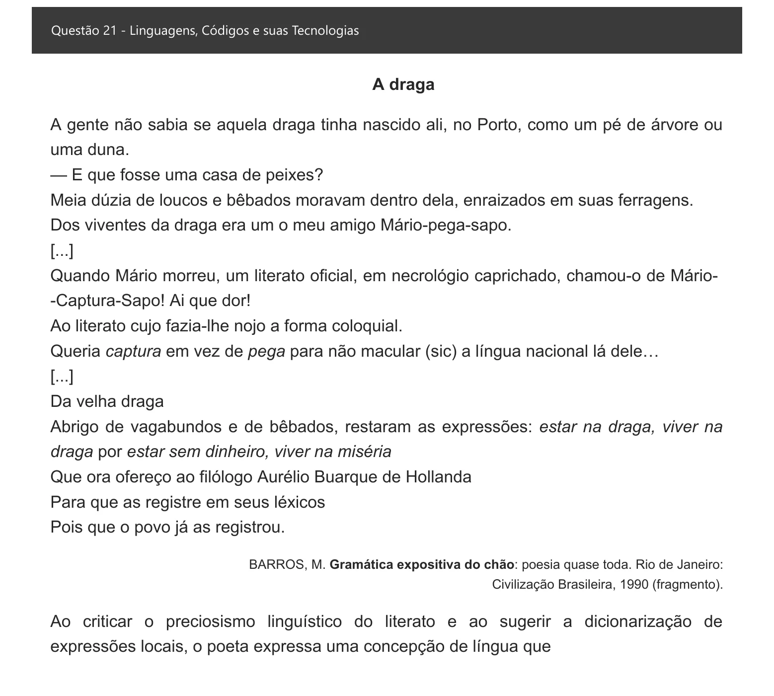 Enunciado visual completo da questão 21 do ENEM 2021 - 1º Dia – Caderno 4 – Rosa – Espanhol – Aplicação digital, página 26.