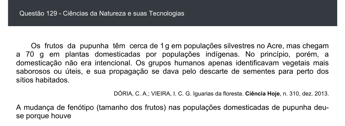 Enunciado visual completo da questão 129 do ENEM 2020 - 2º Dia - Caderno 5 – Amarelo – Aplicação digital, página 44.