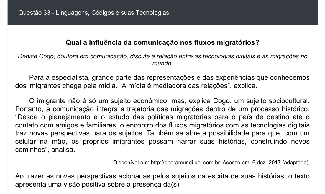 Enunciado visual completo da questão 33 do ENEM 2020 - 1º Dia - Caderno 4 – Rosa – Espanhol – Aplicação digital, página 38.