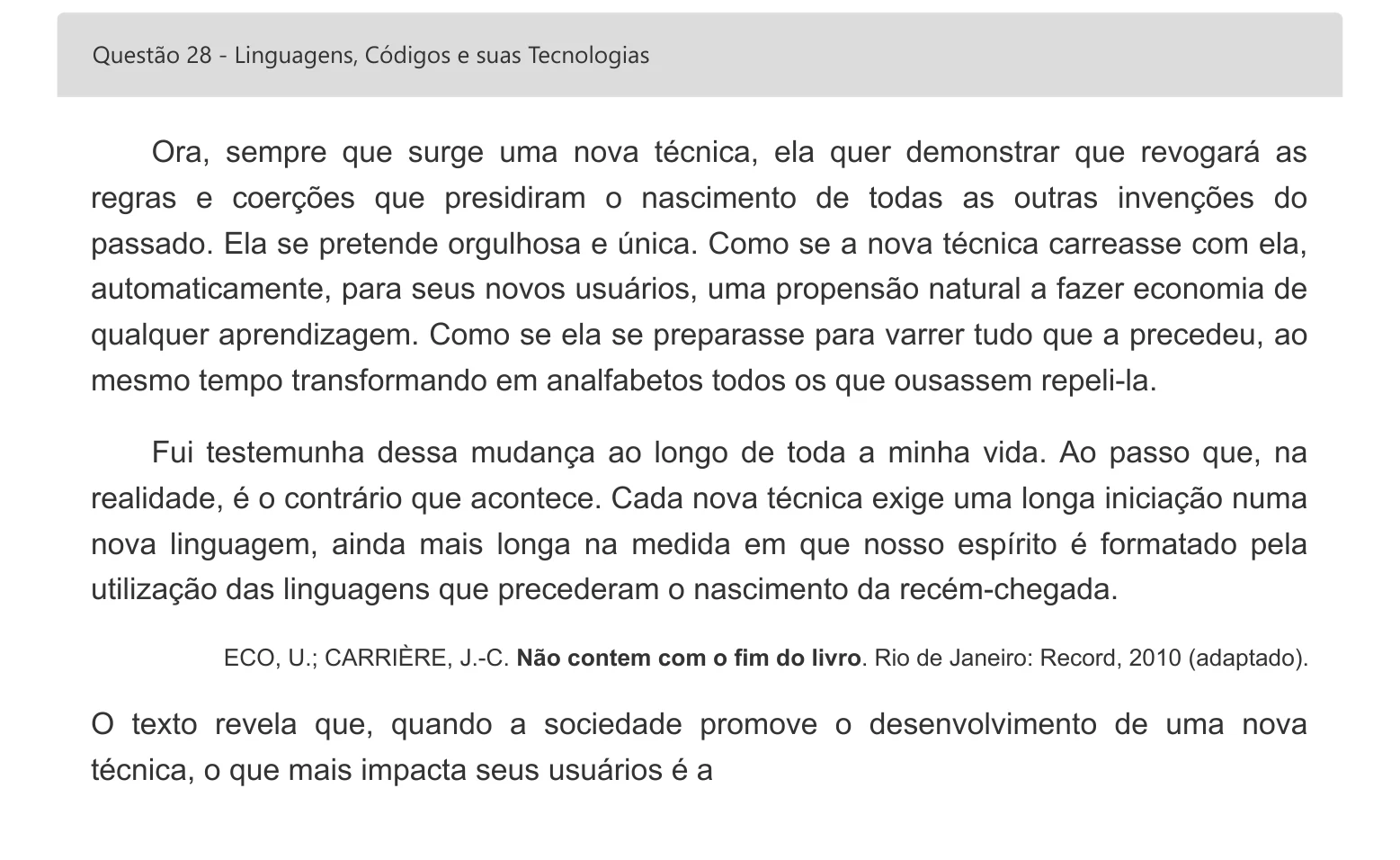 Enunciado visual completo da questão 28 do ENEM 2022 - 1º Dia – Caderno 4 – Rosa – Inglês – Aplicação digital, página 38.