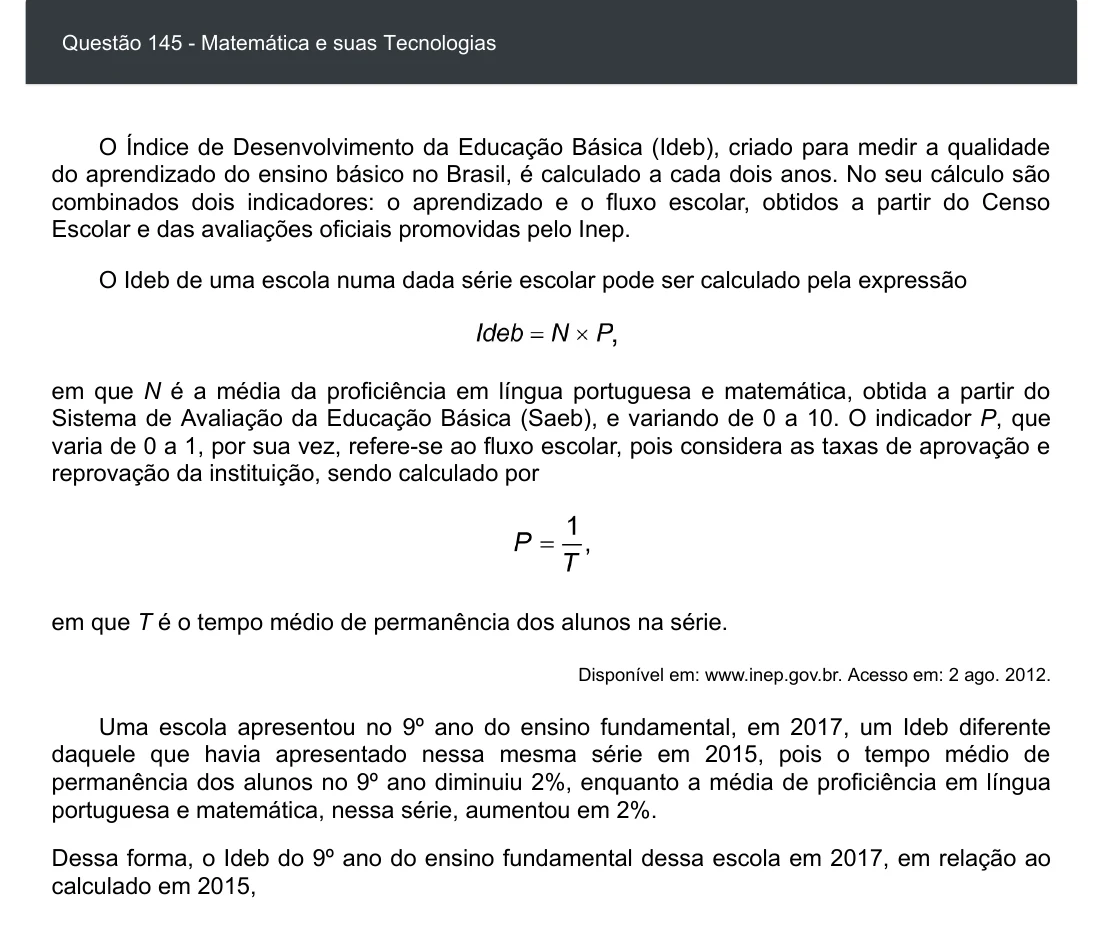 Enunciado visual completo da questão 145 do ENEM 2020 - 2º Dia - Caderno 8 – Rosa – Aplicação digital, página 60.