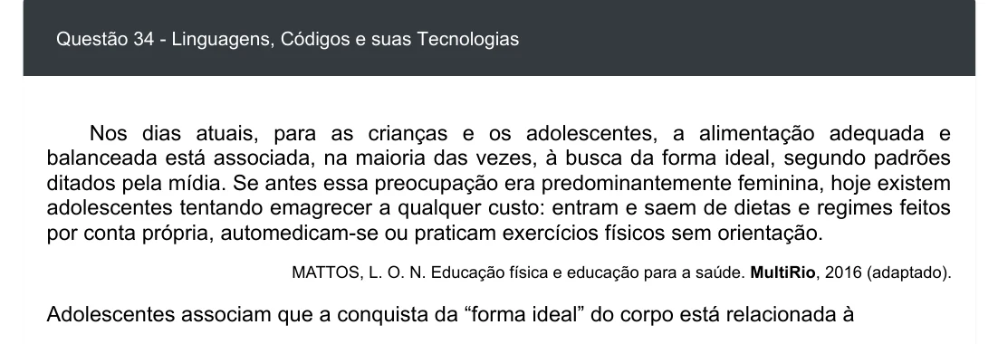 Enunciado visual completo da questão 34 do ENEM 2020 - 1º Dia - Caderno 3 – Branco – Inglês – Aplicação digital, página 39.