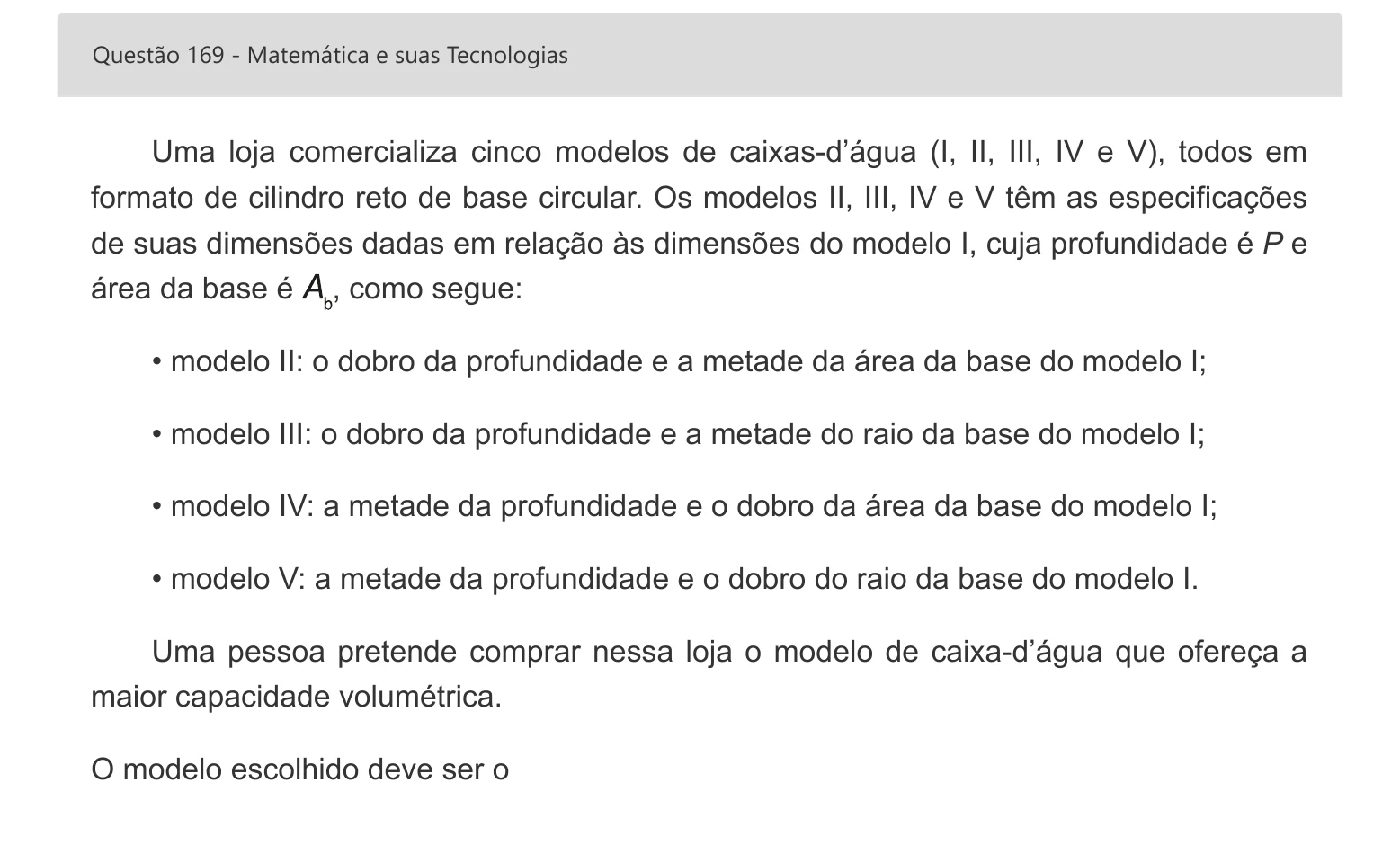Enunciado visual completo da questão 169 do ENEM 2022 - 2º Dia – Caderno 7 – Azul – Aplicação digital, página 89.