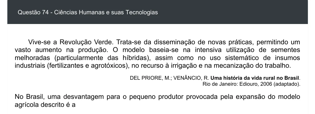 Enunciado visual completo da questão 74 do ENEM 2020 - 1º Dia - Caderno 3 – Branco – Inglês – Aplicação digital, página 82.