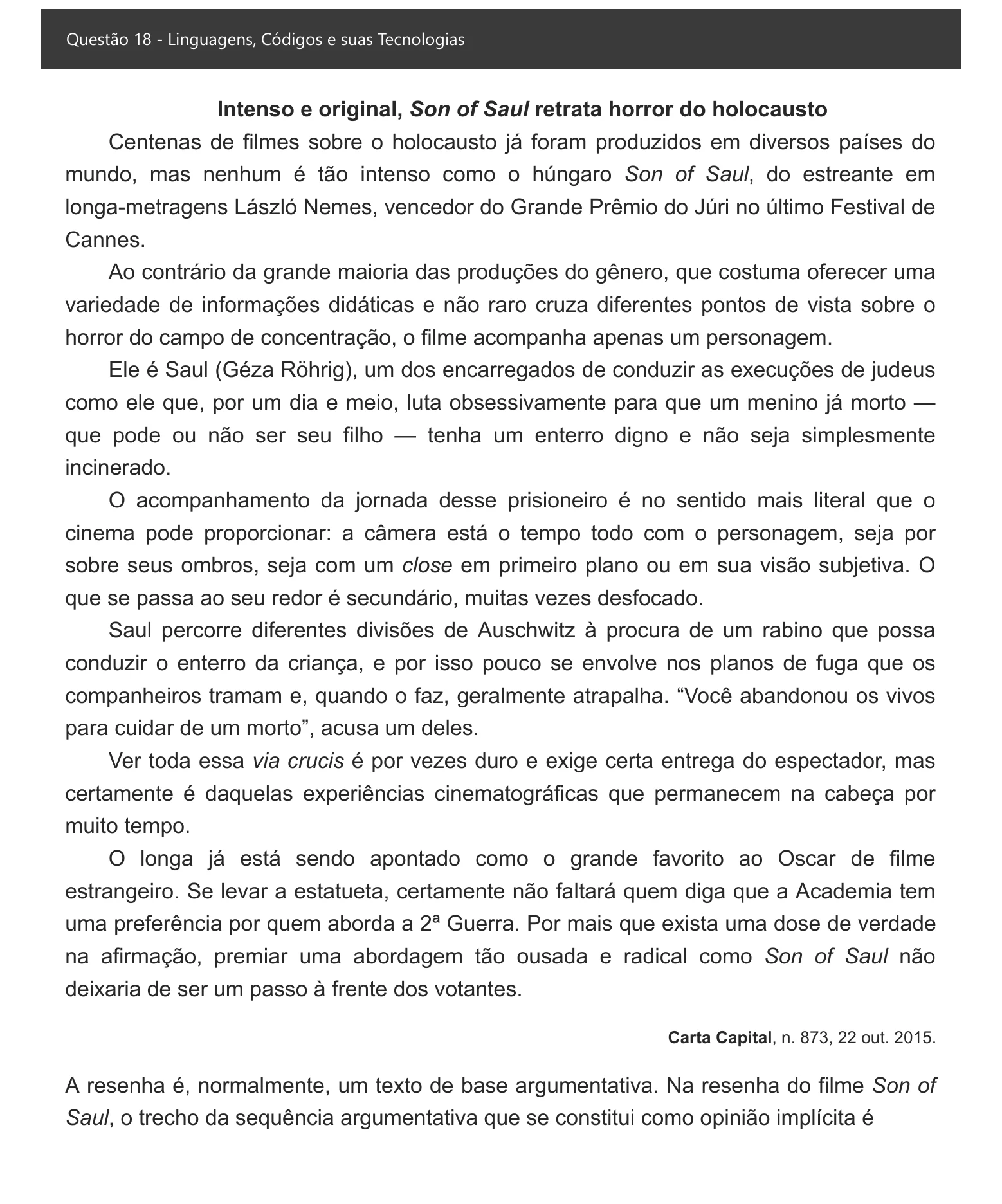 Enunciado visual completo da questão 18 do ENEM 2021 - 1º Dia – Caderno 4 – Rosa – Espanhol – Aplicação digital, página 23.