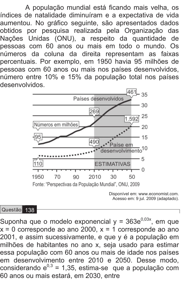 Enunciado original completo da questão 138 do ENEM 2009 - 2º Dia - Caderno 7 - Azul, página 20.