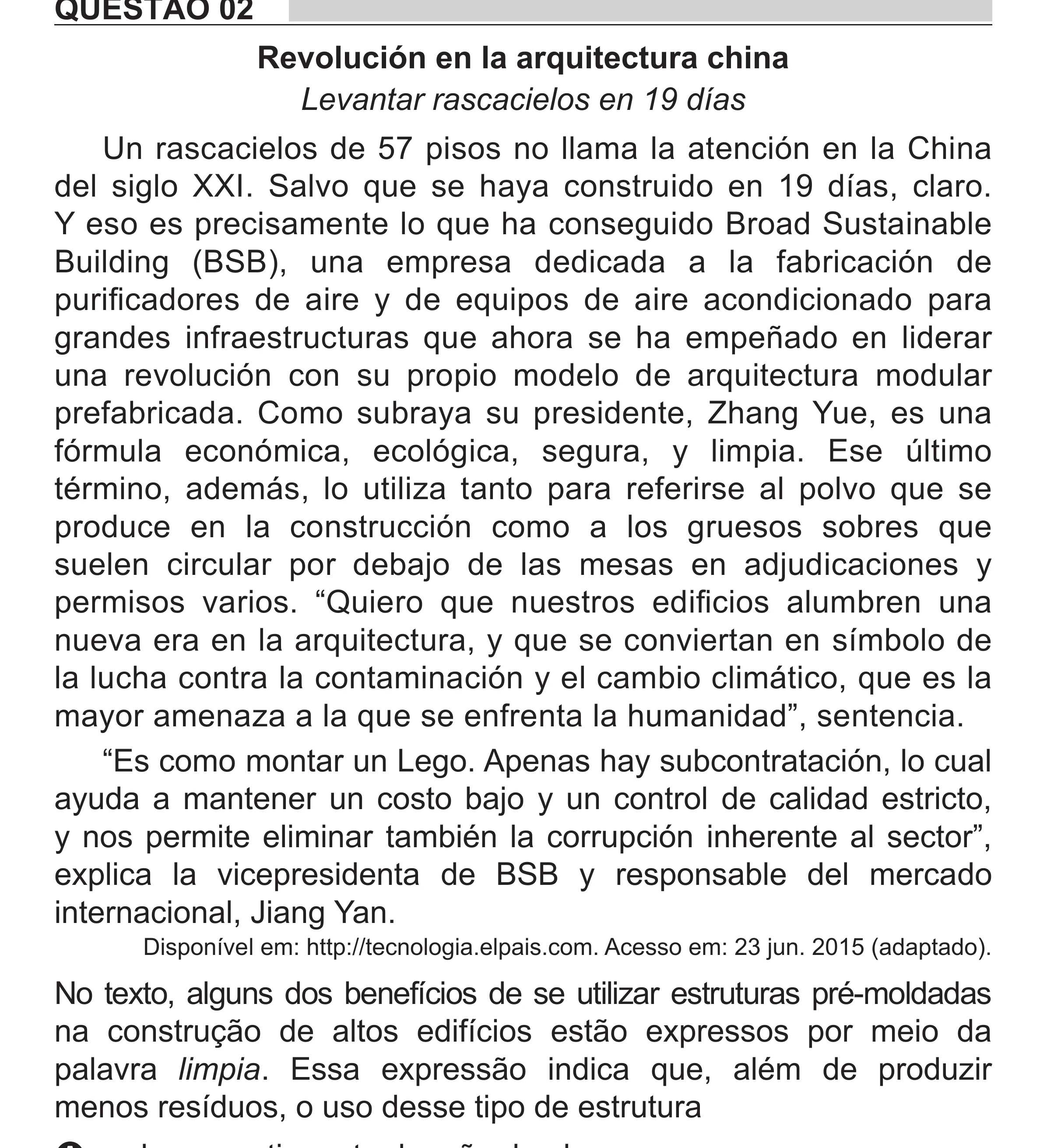 Enunciado original completo da questão 2 (espanhol) do ENEM 2018 - 1º Dia - Caderno 1 - Azul (Superampliada) – Aplicação regular, página 8.