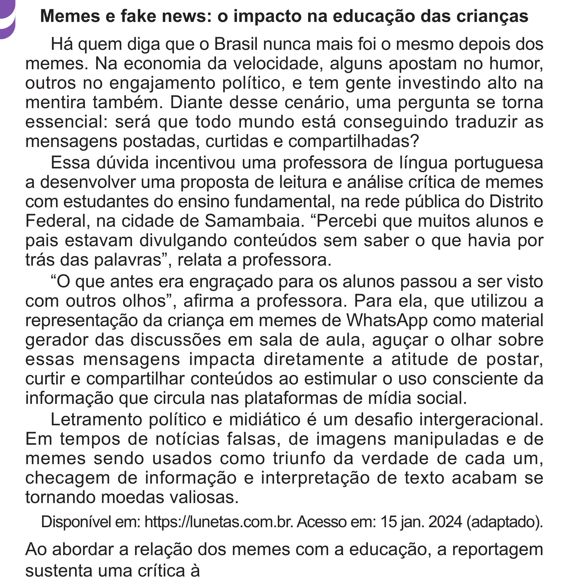Enunciado original completo da questão 14 do ENEM 2024 - 1º Dia – Caderno 10 – Roxo (Libras) – Aplicação Regular - (Superampliada), página 22.