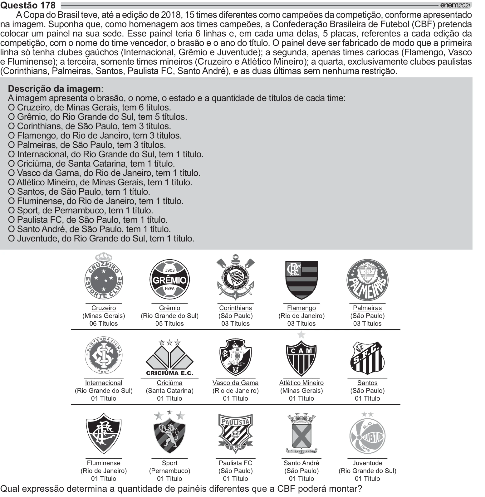 Enunciado original completo da questão 178 do ENEM 2021 - 2º Dia – Caderno 11 – Laranja (braile e ledor) – Aplicação Regular, página 33.