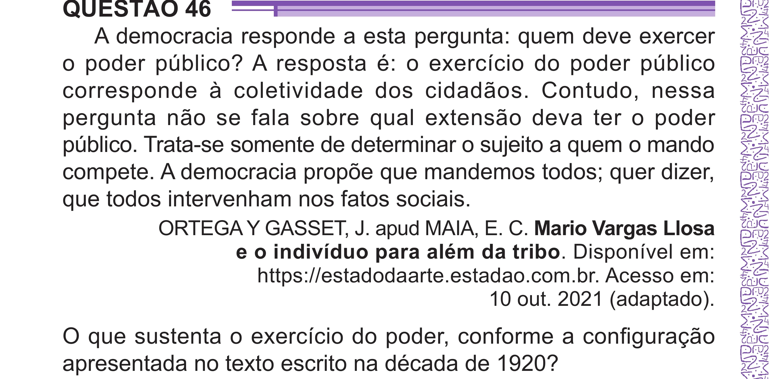 Enunciado original completo da questão 46 do ENEM 2024 - 1º Dia – Caderno 10 – Roxo (Libras) – Aplicação Regular - (Superampliada), página 62.