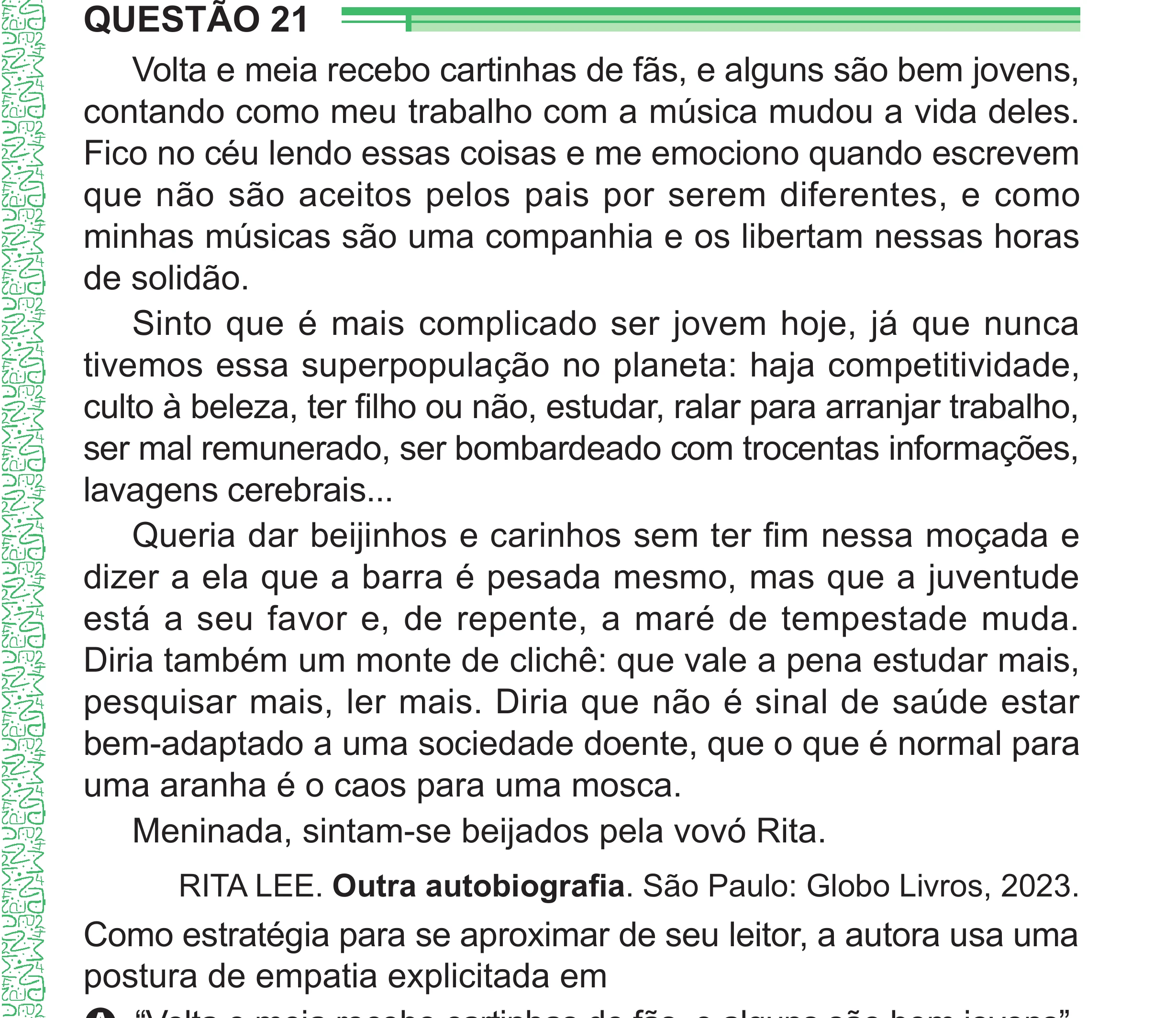Enunciado original completo da questão 21 do ENEM 2024 - 1º Dia – Caderno 4 – Verde – Aplicação Regular - (Superampliada), página 29.