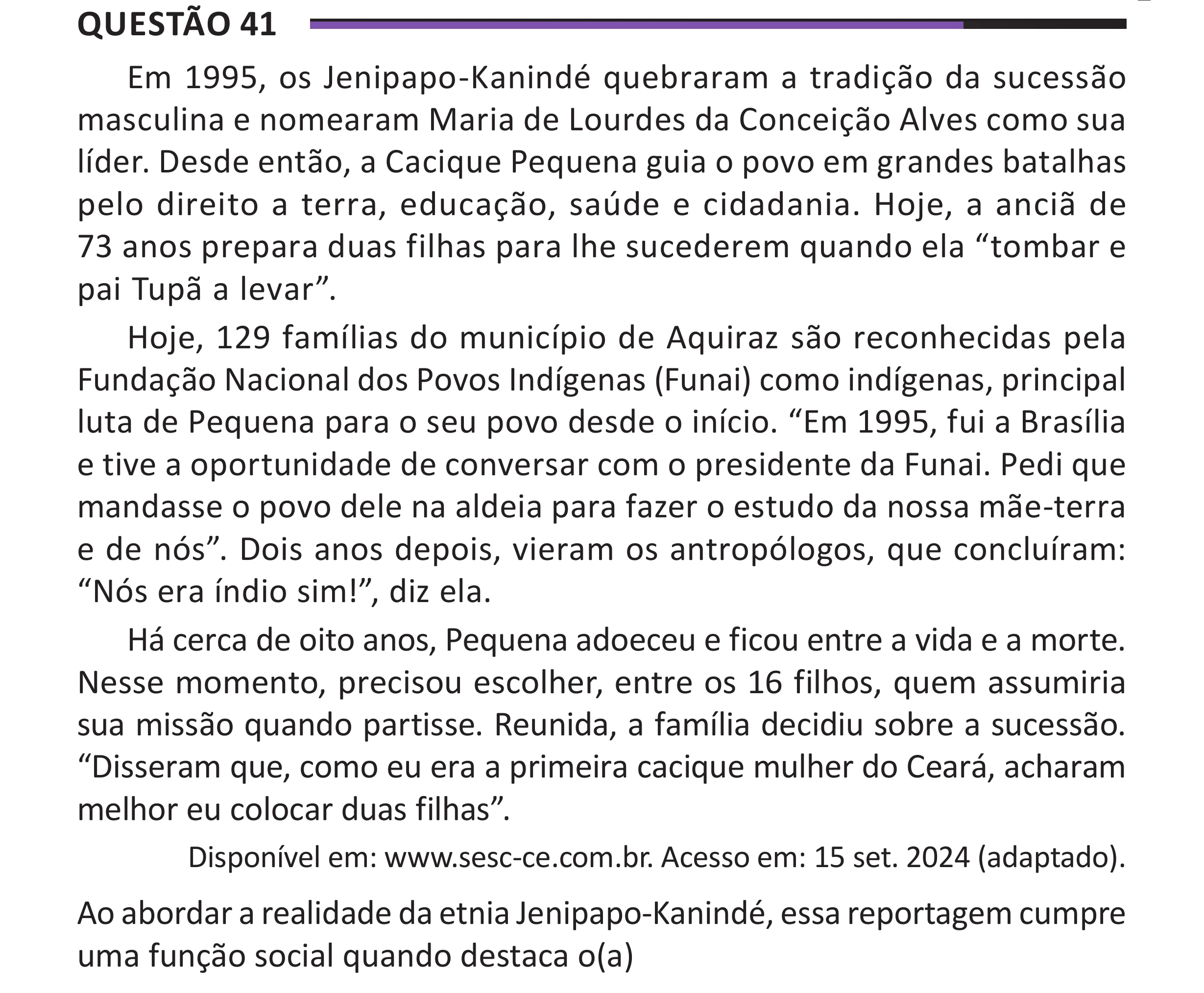 Enunciado original completo da questão 41 do ENEM 2025 - 1º Dia – Caderno 10 – Roxo (Libras) – Aplicação Regular - (Superampliada), página 47.