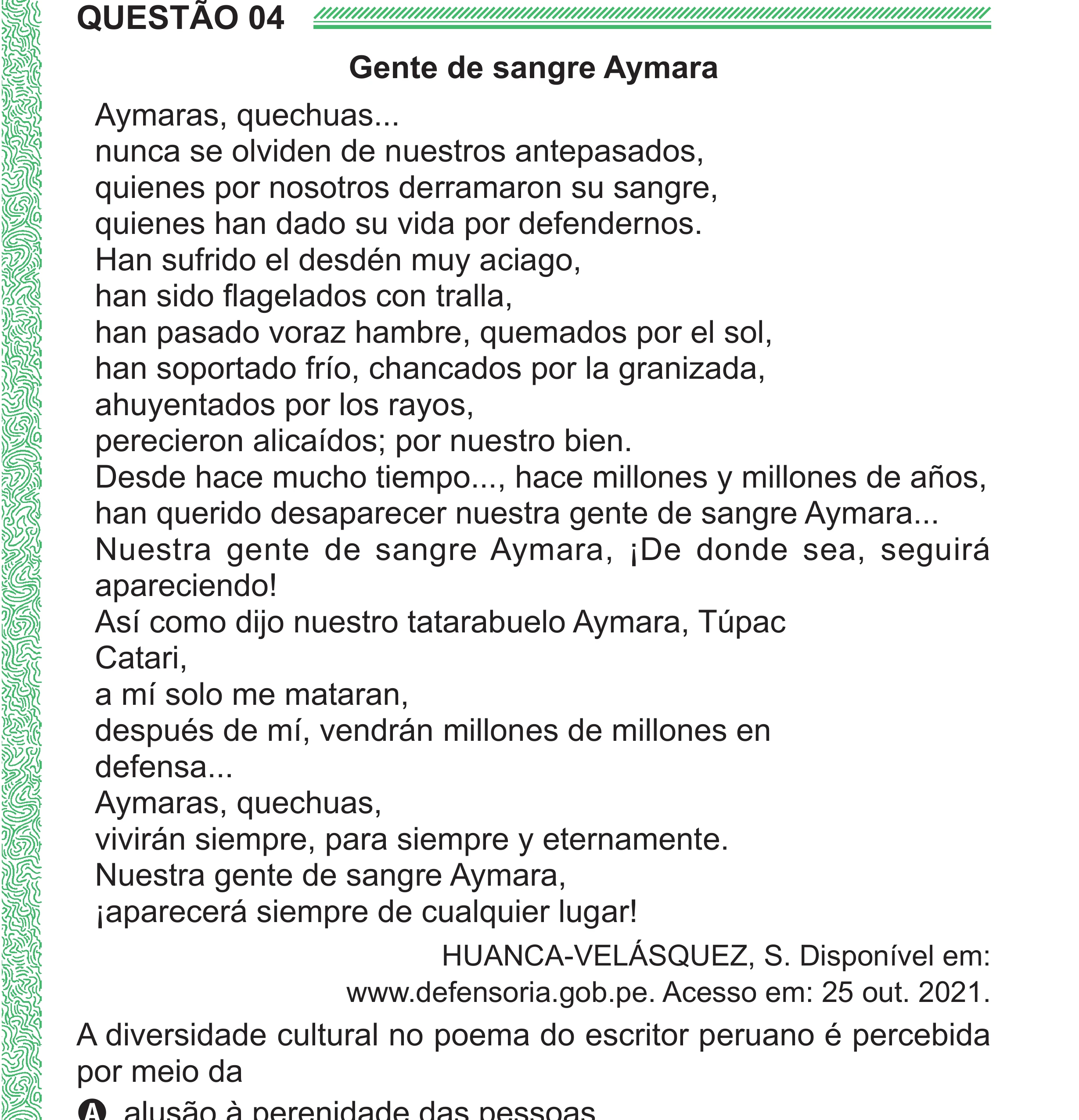 Enunciado original completo da questão 4 (espanhol) do ENEM 2024 - 1º Dia – Caderno 4 – Verde (Superampliada) – Reaplicação/PPL, página 11.