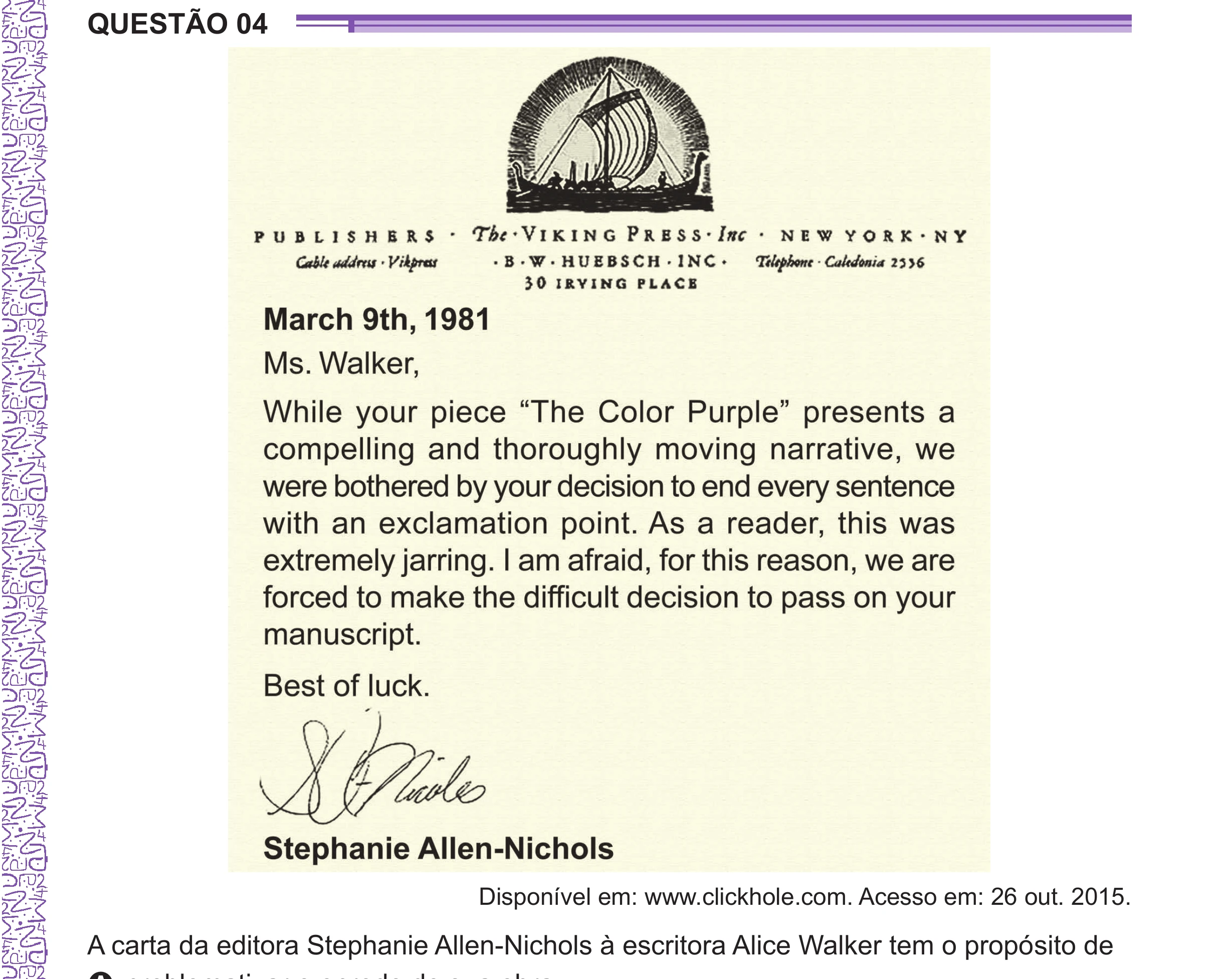 Enunciado original completo da questão 4 (inglês) do ENEM 2024 - 1º Dia – Caderno 10 – Roxo (Libras) – Aplicação Regular - (Ampliada), página 5.
