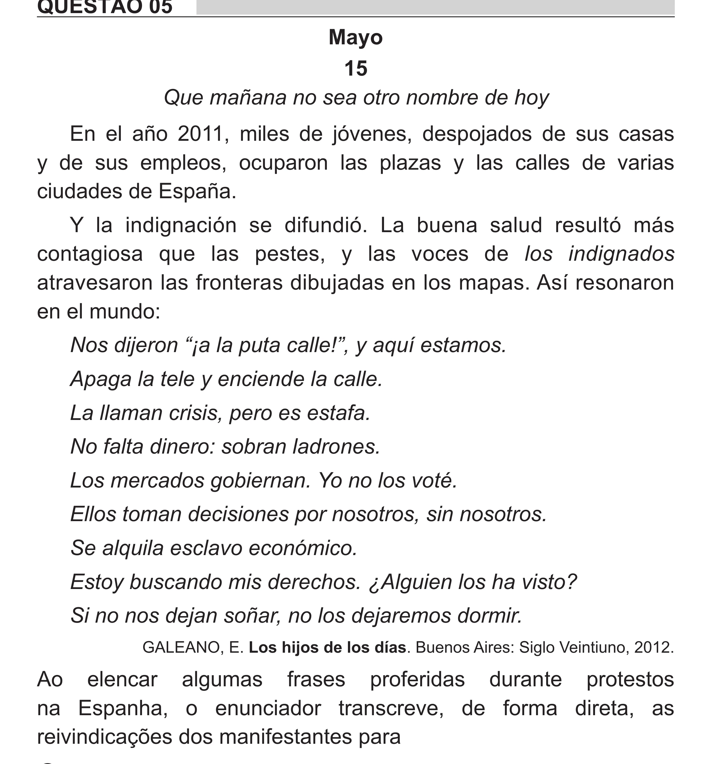 Enunciado original completo da questão 5 (espanhol) do ENEM 2018 - 1º Dia - Caderno 1 - Azul (Superampliada) – Aplicação regular, página 11.