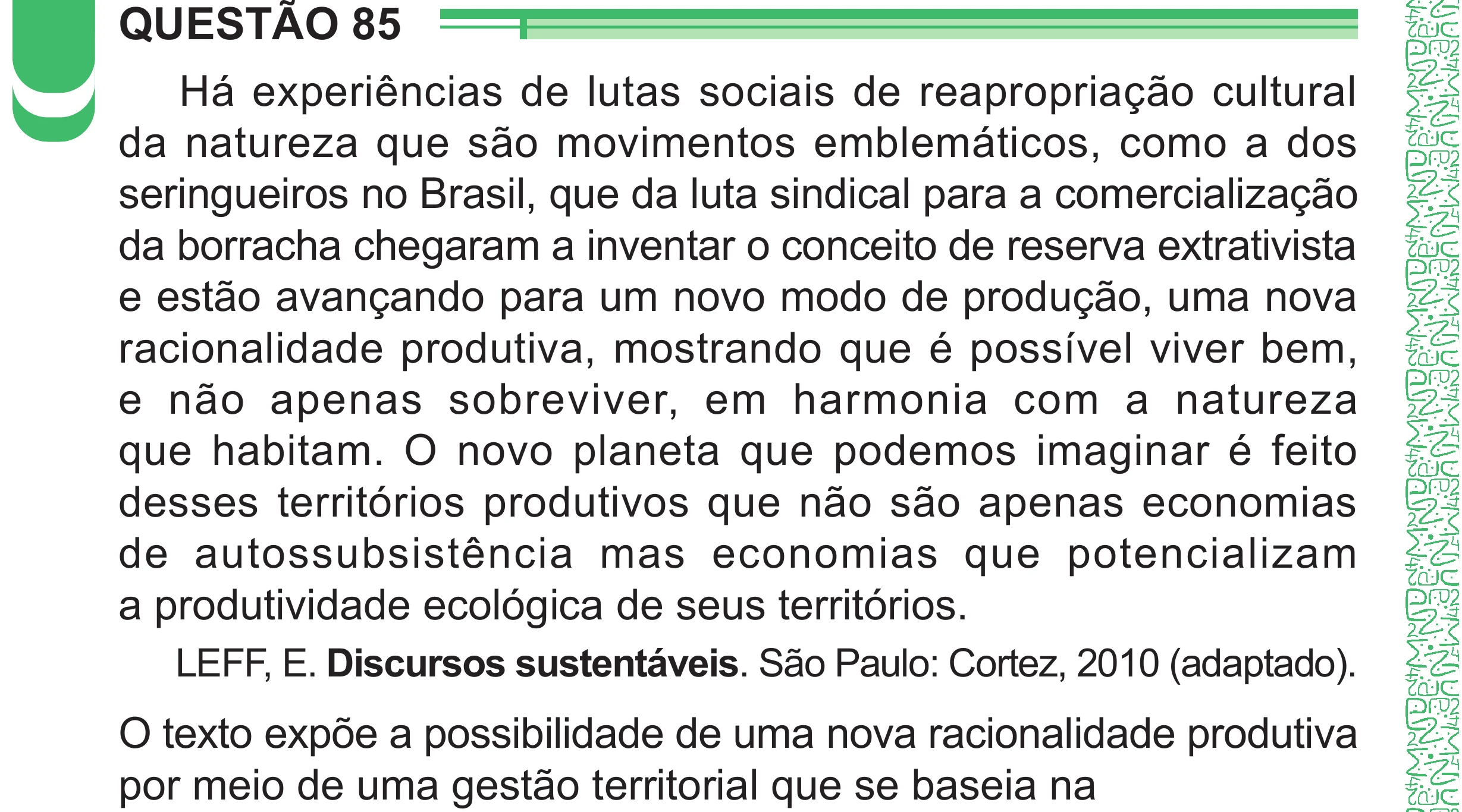 Enunciado original completo da questão 85 do ENEM 2024 - 1º Dia – Caderno 4 – Verde – Aplicação Regular - (Superampliada), página 90.
