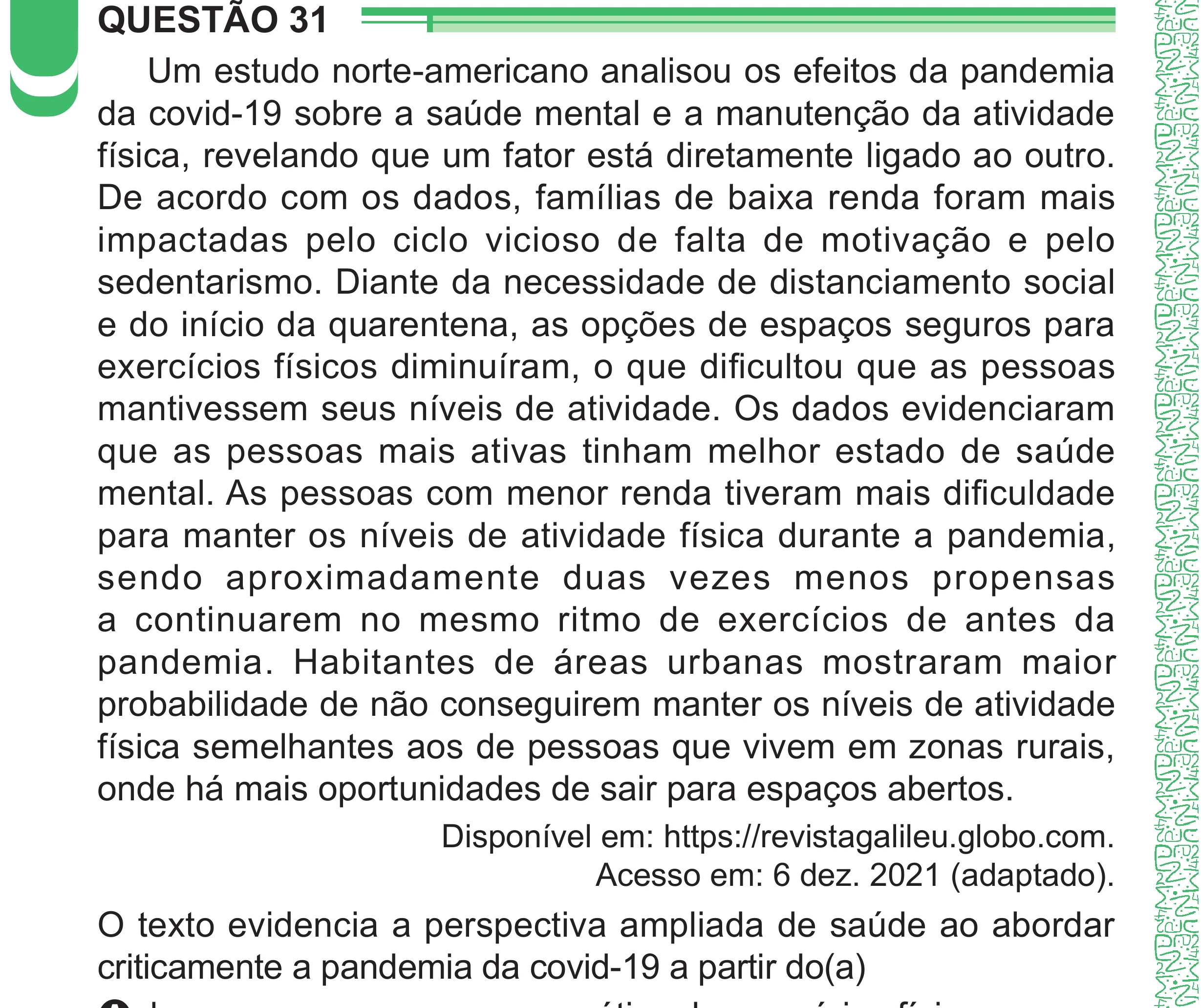Enunciado original completo da questão 31 do ENEM 2024 - 1º Dia – Caderno 4 – Verde – Aplicação Regular - (Superampliada), página 42.