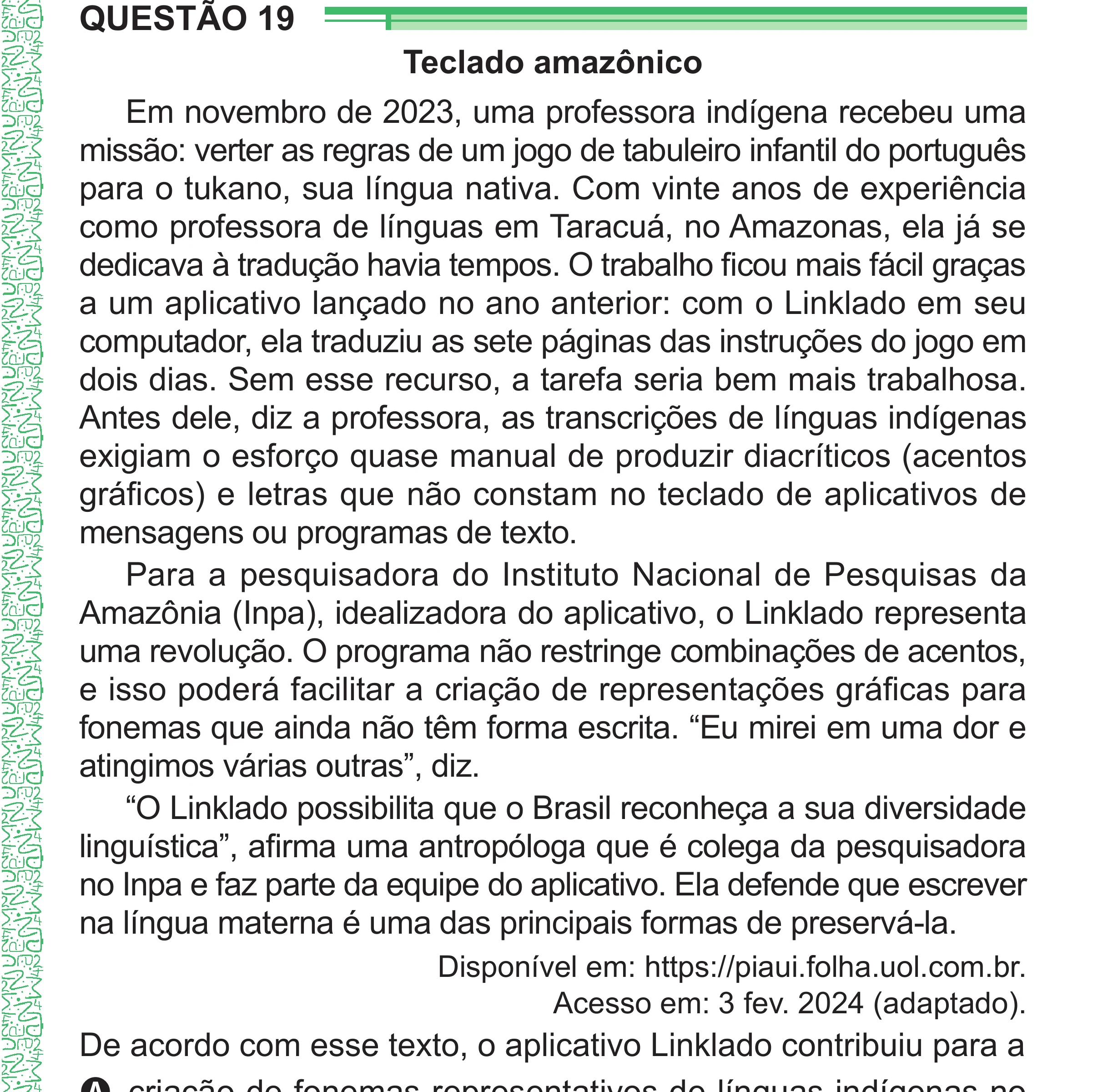 Enunciado original completo da questão 19 do ENEM 2024 - 1º Dia – Caderno 4 – Verde – Aplicação Regular - (Superampliada), página 27.