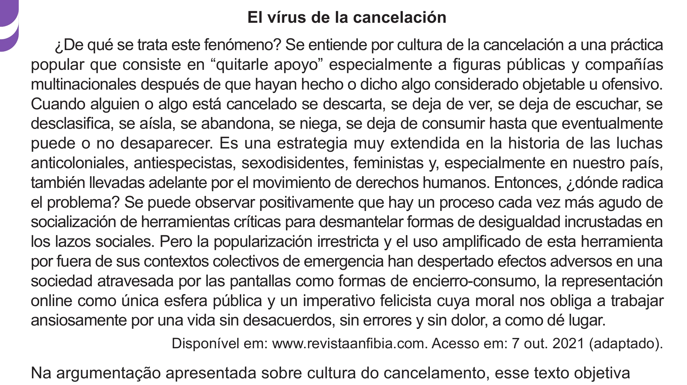 Enunciado original completo da questão 3 (espanhol) do ENEM 2024 - 1º Dia – Caderno 10 – Roxo (Libras) – Aplicação Regular - (Ampliada), página 8.