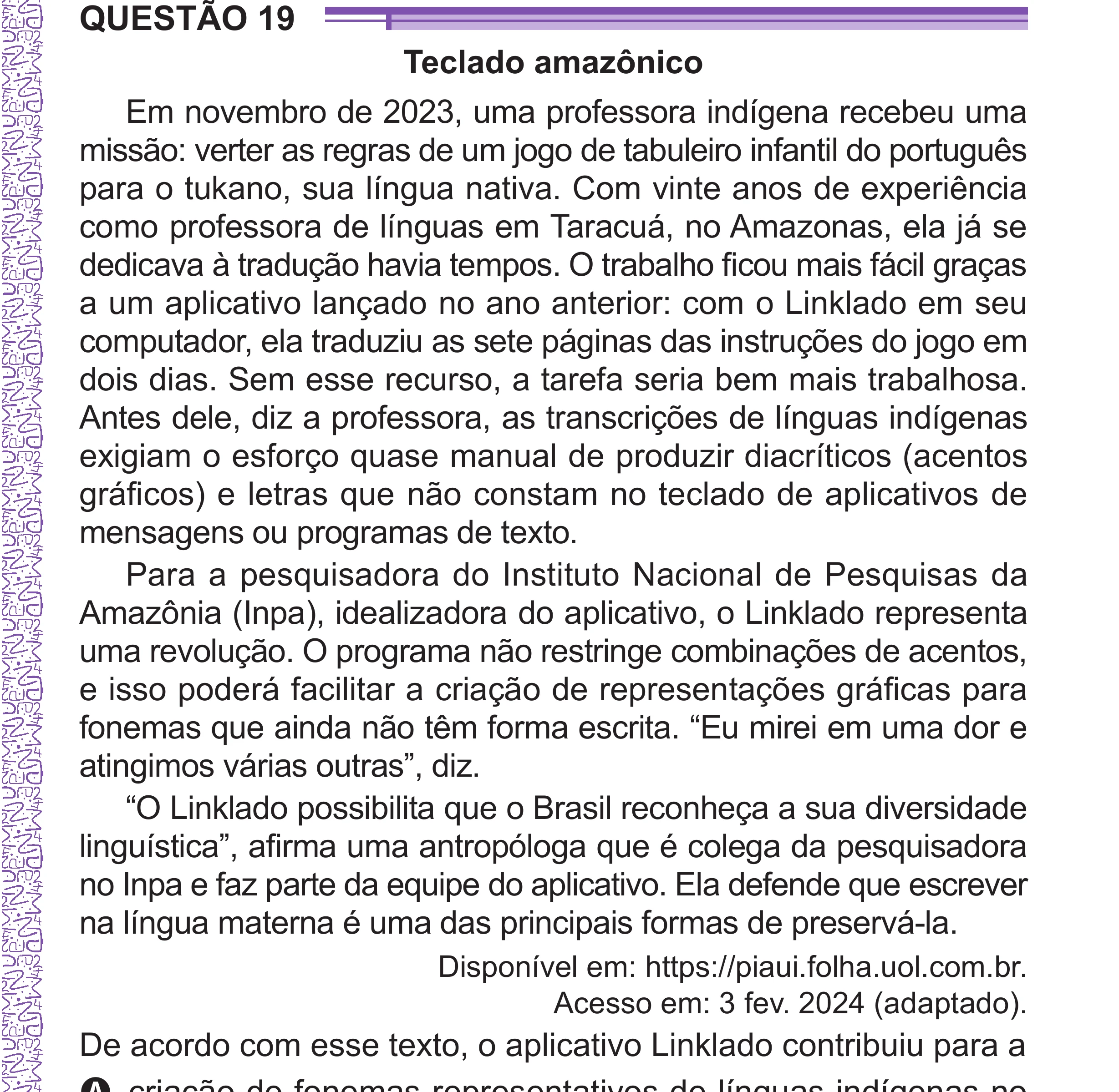 Enunciado original completo da questão 19 do ENEM 2024 - 1º Dia – Caderno 10 – Roxo (Libras) – Aplicação Regular - (Superampliada), página 27.