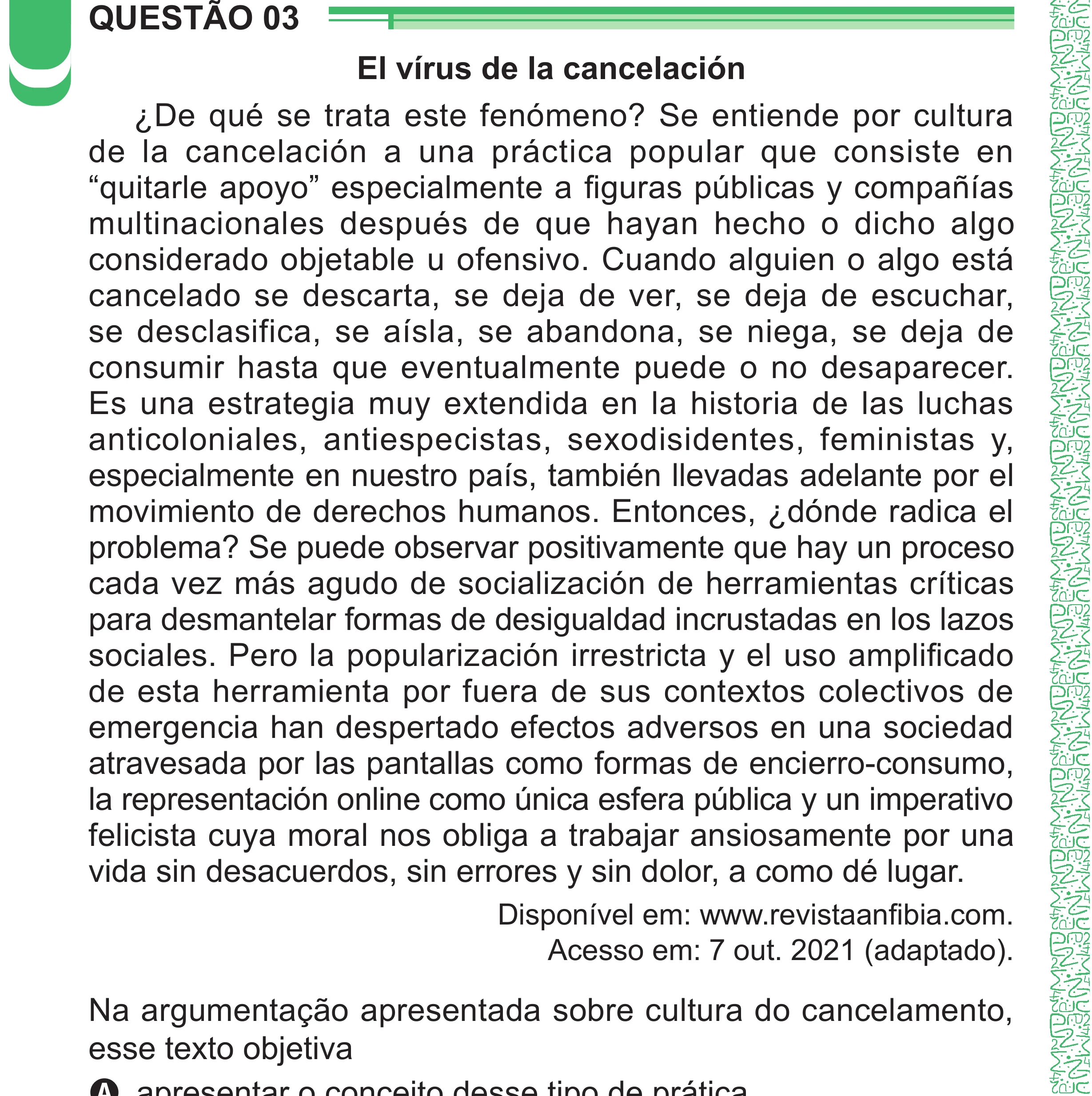 Enunciado original completo da questão 3 (espanhol) do ENEM 2024 - 1º Dia – Caderno 4 – Verde – Aplicação Regular - (Superampliada), página 10.