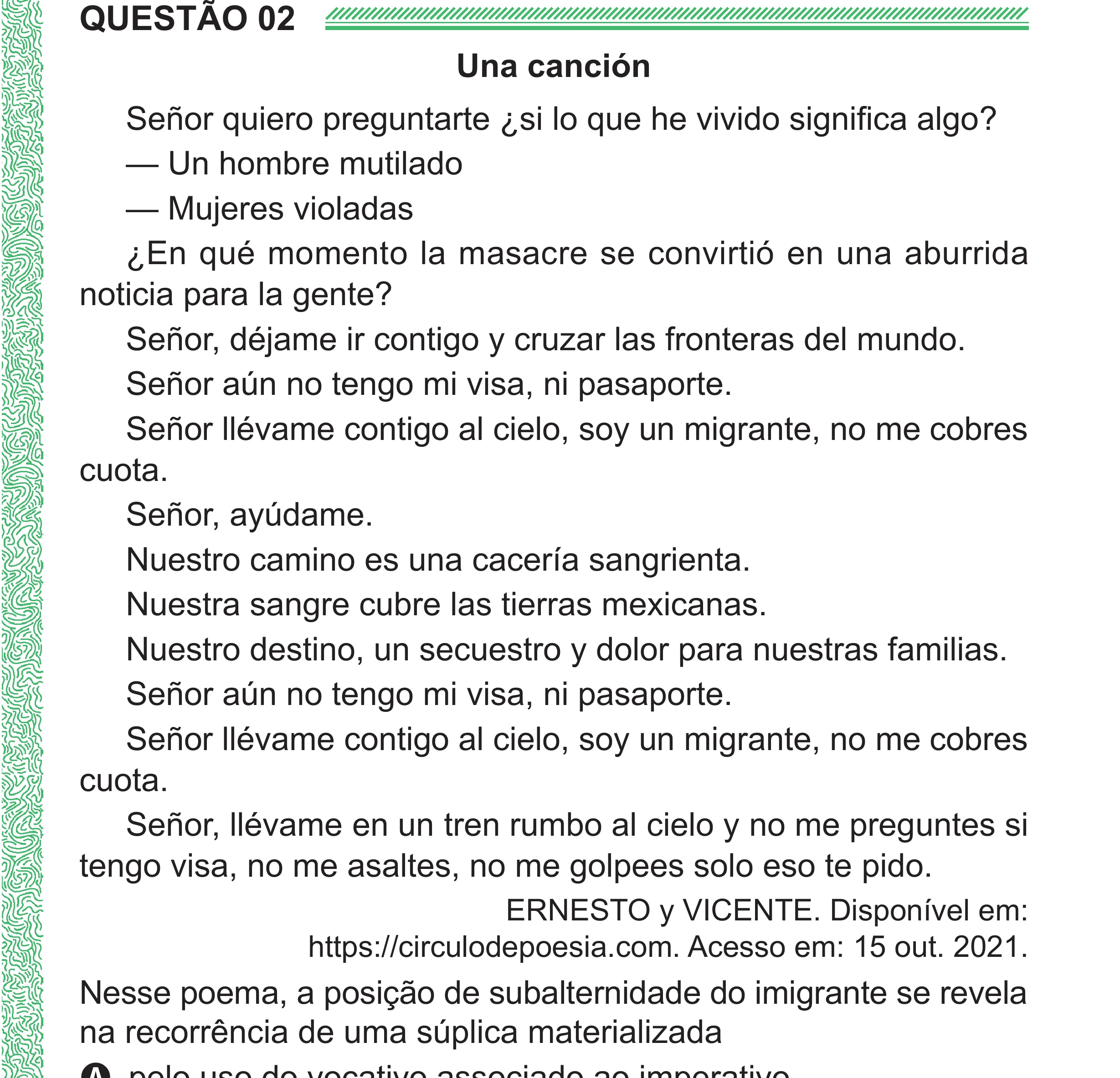 Enunciado original completo da questão 2 (espanhol) do ENEM 2024 - 1º Dia – Caderno 4 – Verde (Superampliada) – Reaplicação/PPL, página 9.
