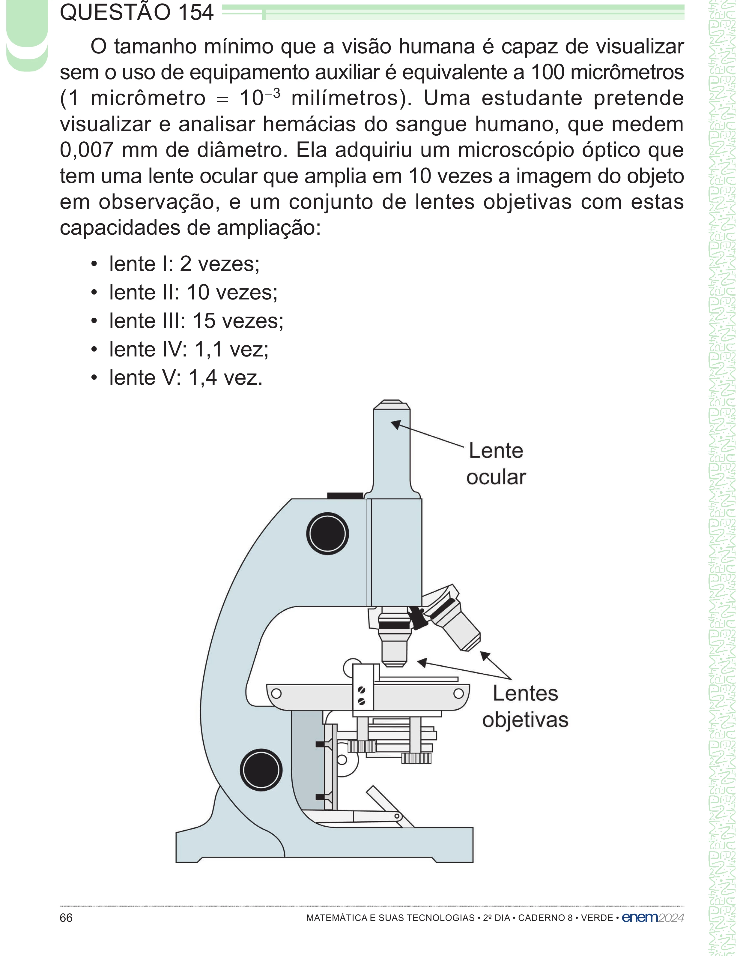 Enunciado original completo da questão 154 do ENEM 2024 - 2º Dia – Caderno 8 – Verde – Aplicação Regular - (Superampliada), página 66.