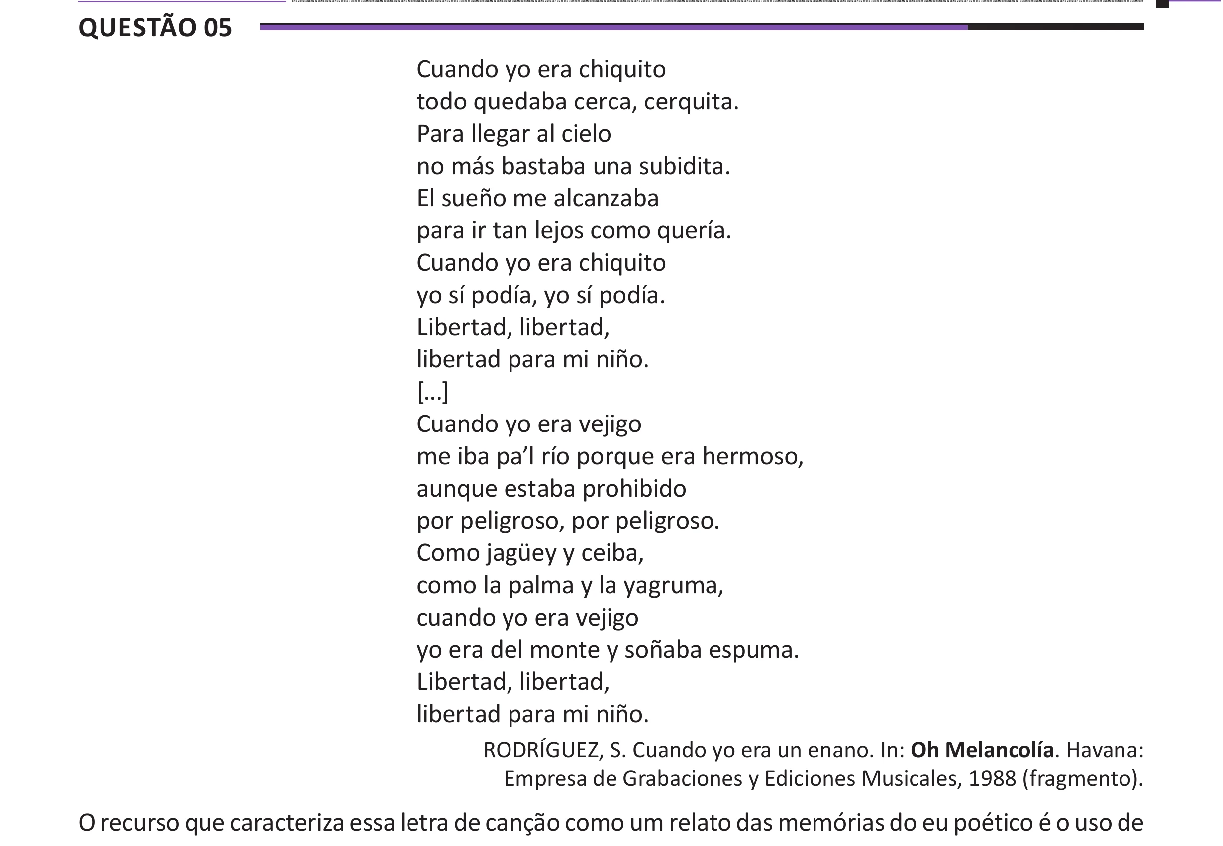 Enunciado original completo da questão 5 (espanhol) do ENEM 2025 - 1º Dia – Caderno 10 – Roxo (Libras) – Aplicação Regular - (Ampliada), página 9.