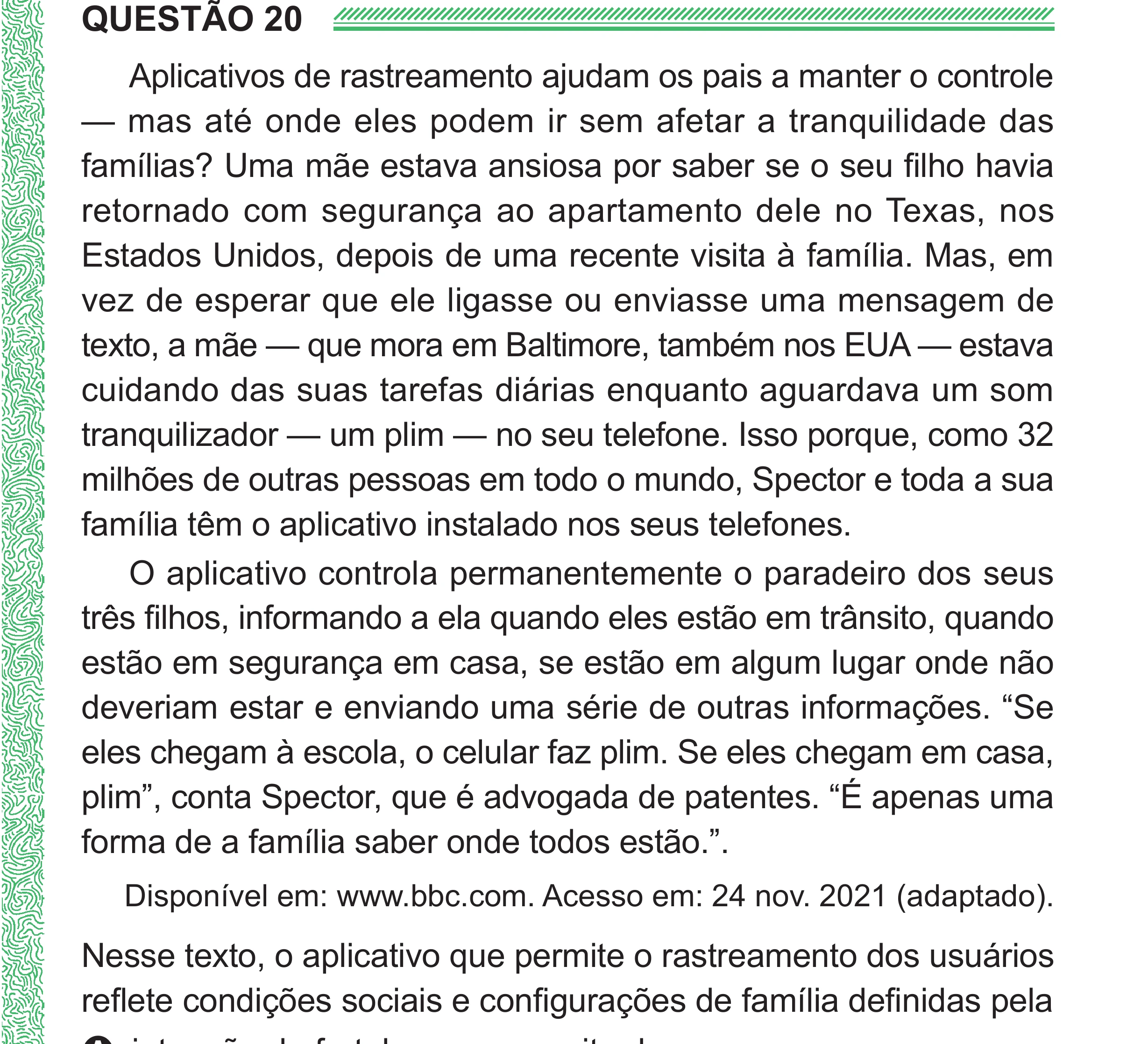 Enunciado original completo da questão 20 do ENEM 2024 - 1º Dia – Caderno 4 – Verde (Superampliada) – Reaplicação/PPL, página 27.