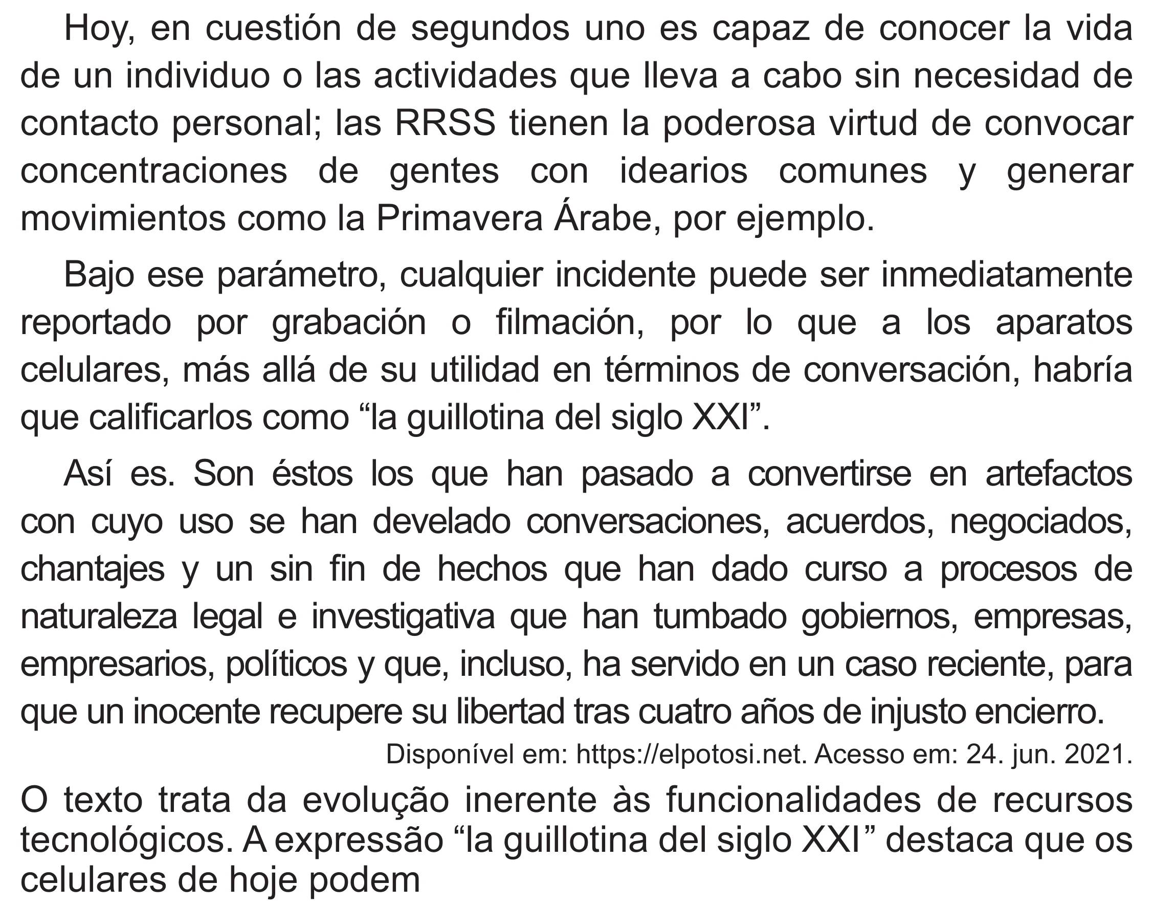Enunciado original completo da questão 1 (espanhol) do ENEM 2021 - 1º Dia – Caderno 10 – Verde (Libras – Superampliada) – Aplicação Regular, página 8.