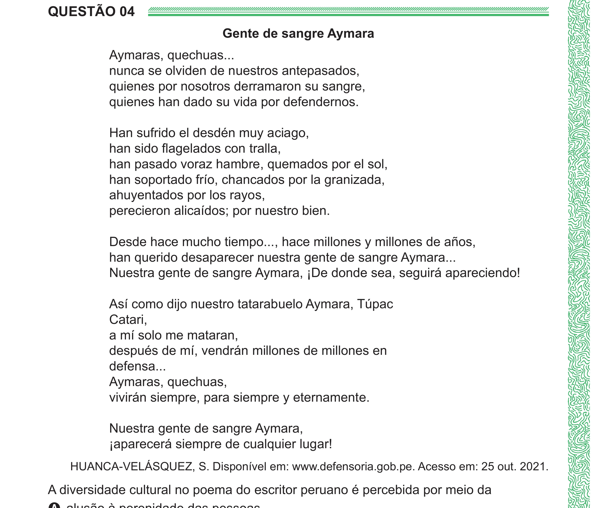 Enunciado original completo da questão 4 (espanhol) do ENEM 2024 - 1º Dia – Caderno 4 – Verde (Ampliada) – Reaplicação/PPL, página 8.