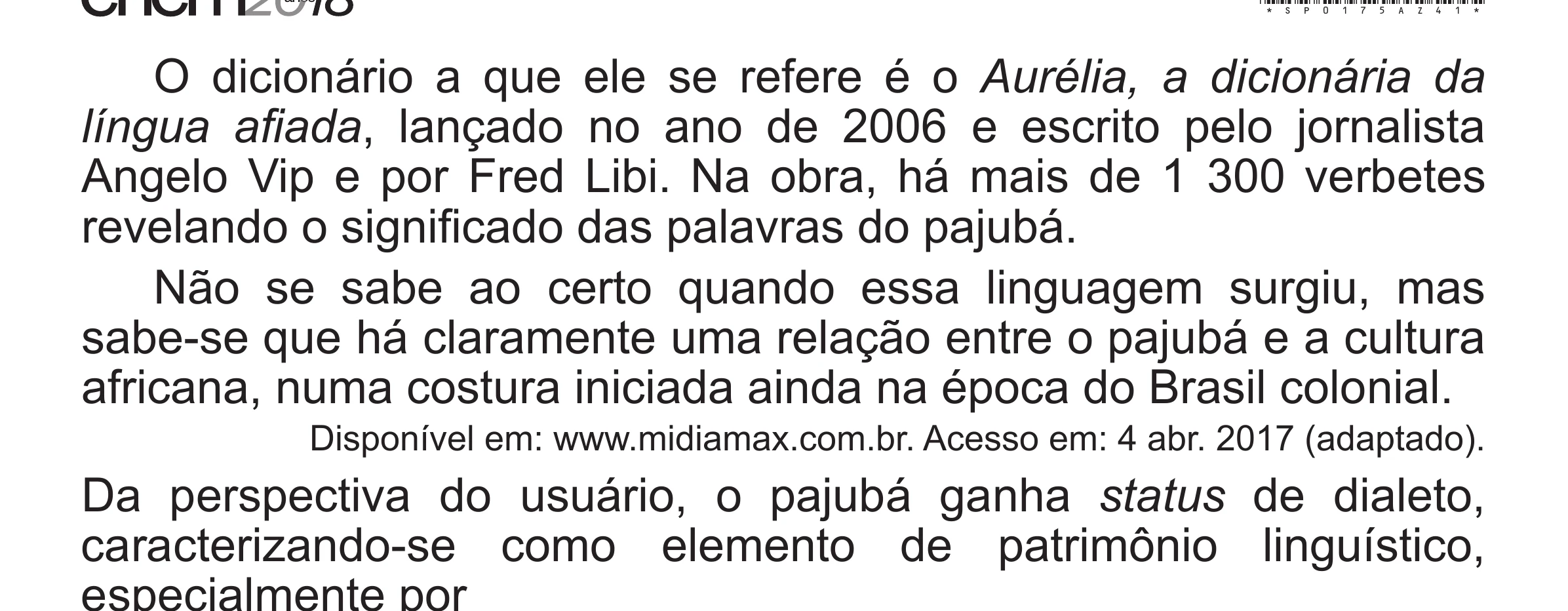 Enunciado original completo da questão 37 do ENEM 2018 - 1º Dia - Caderno 1 - Azul (Superampliada) – Aplicação regular, página 41.
