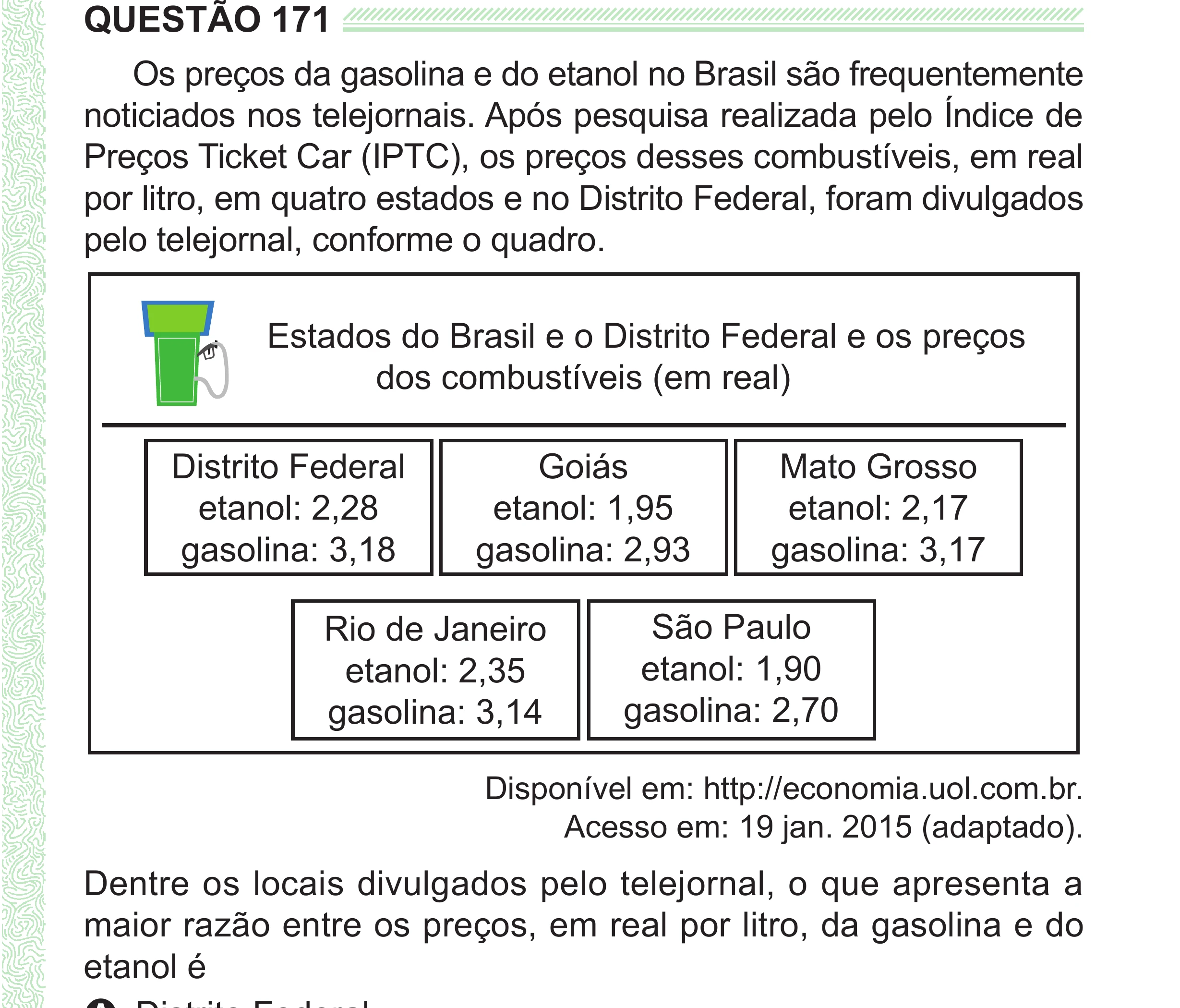 Enunciado original completo da questão 171 do ENEM 2024 - 2º Dia – Caderno 8 – Verde (Superampliada) – Reaplicação/PPL, página 85.