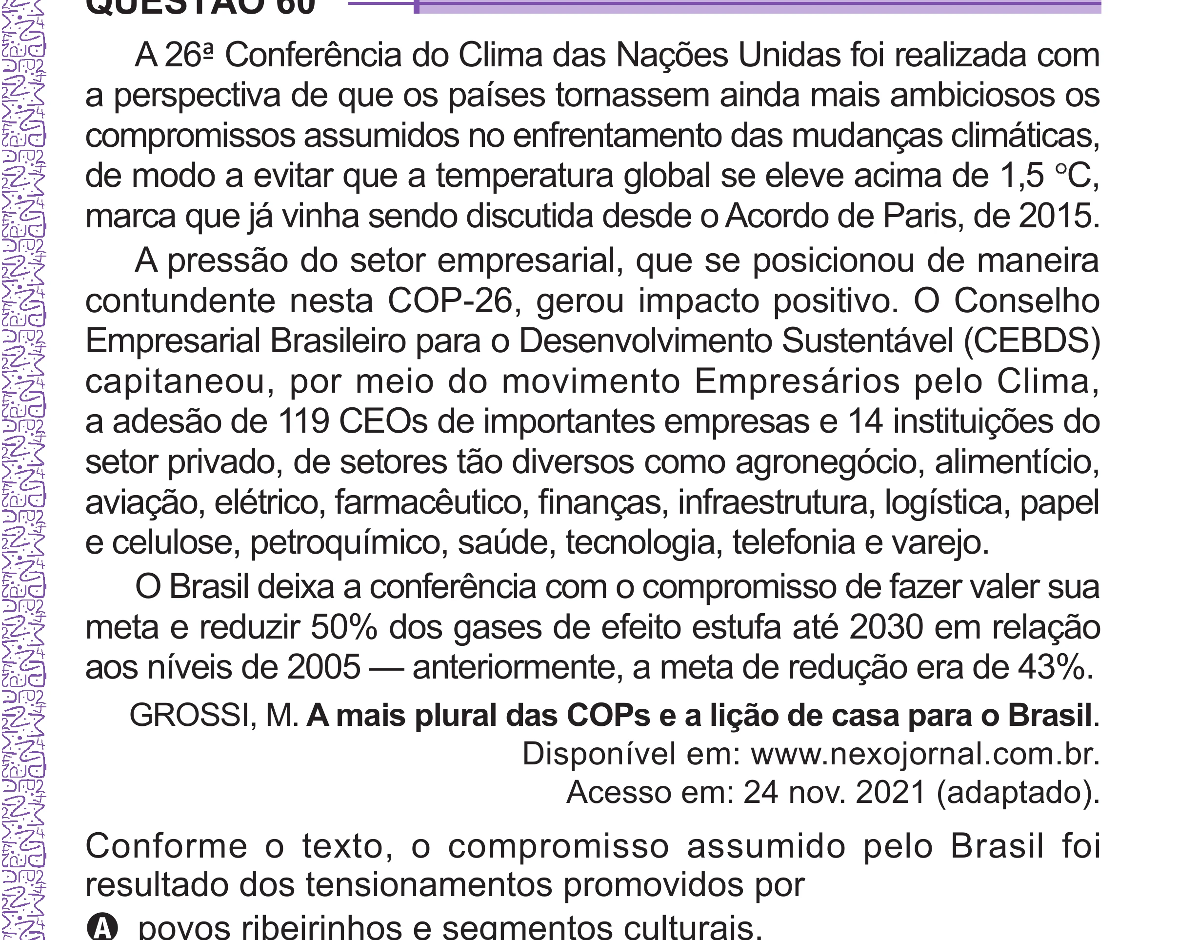 Enunciado original completo da questão 60 do ENEM 2024 - 1º Dia – Caderno 10 – Roxo (Libras) – Aplicação Regular - (Superampliada), página 71.